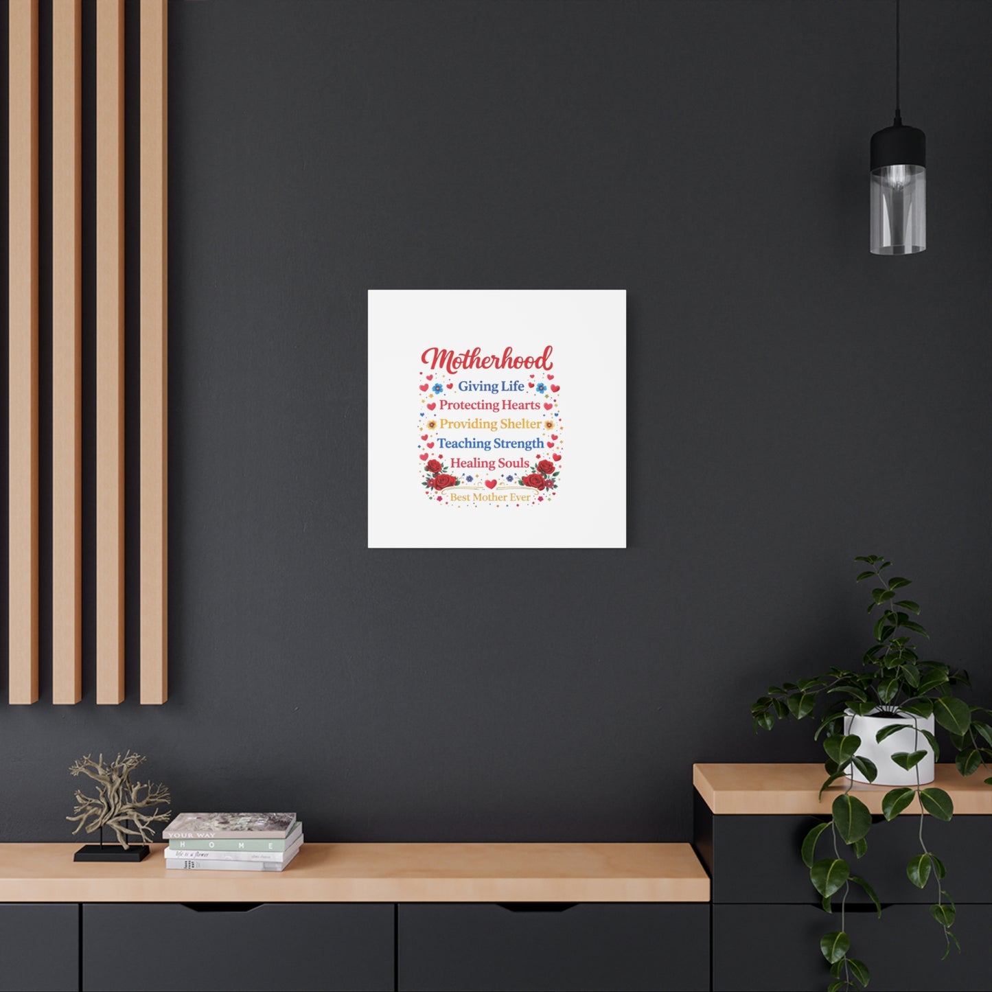 Motherhood Canvas Wall Art – "Motherhood: Giving Life, Protecting Hearts" Stretched Matte Print