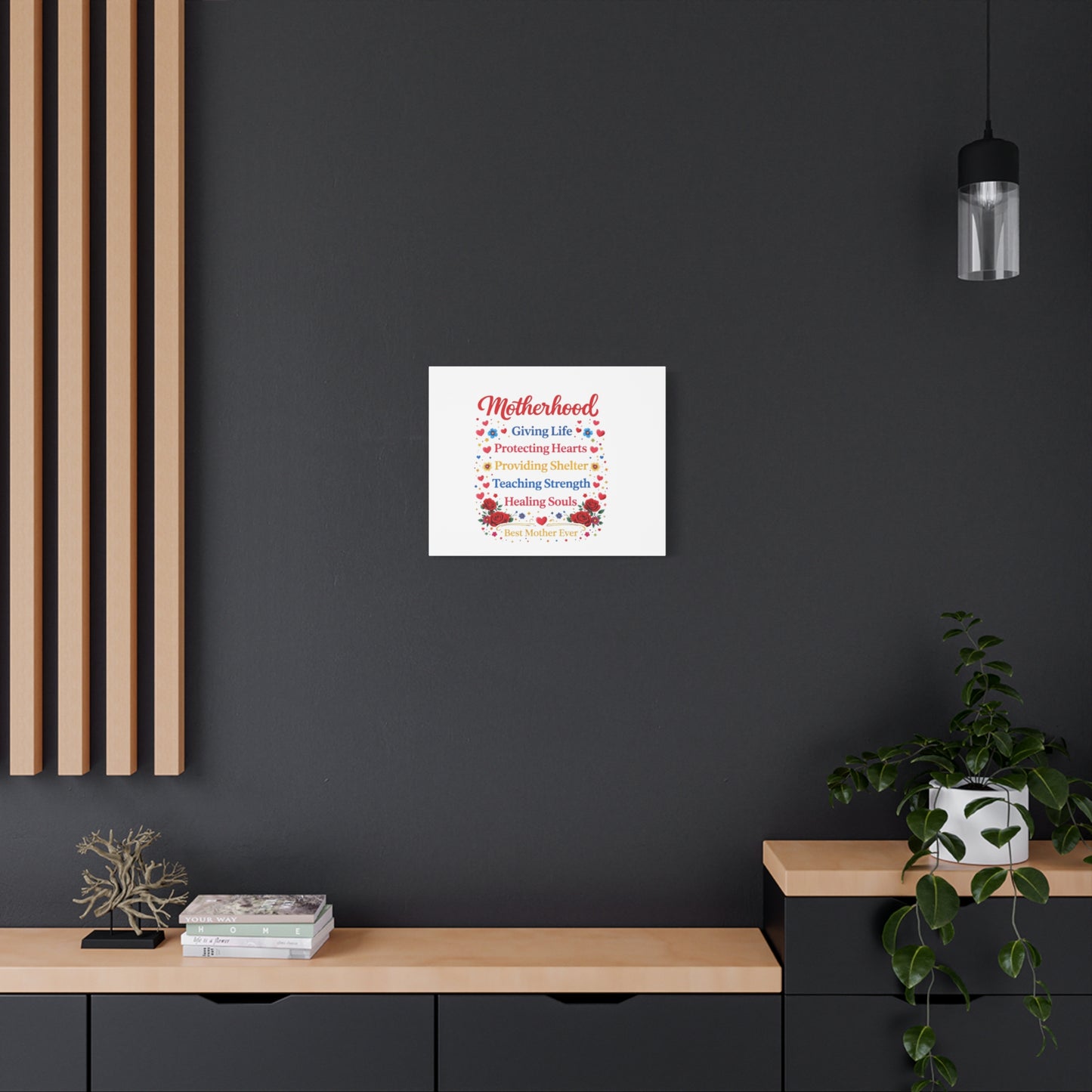 Motherhood Canvas Wall Art – "Motherhood: Giving Life, Protecting Hearts" Stretched Matte Print
