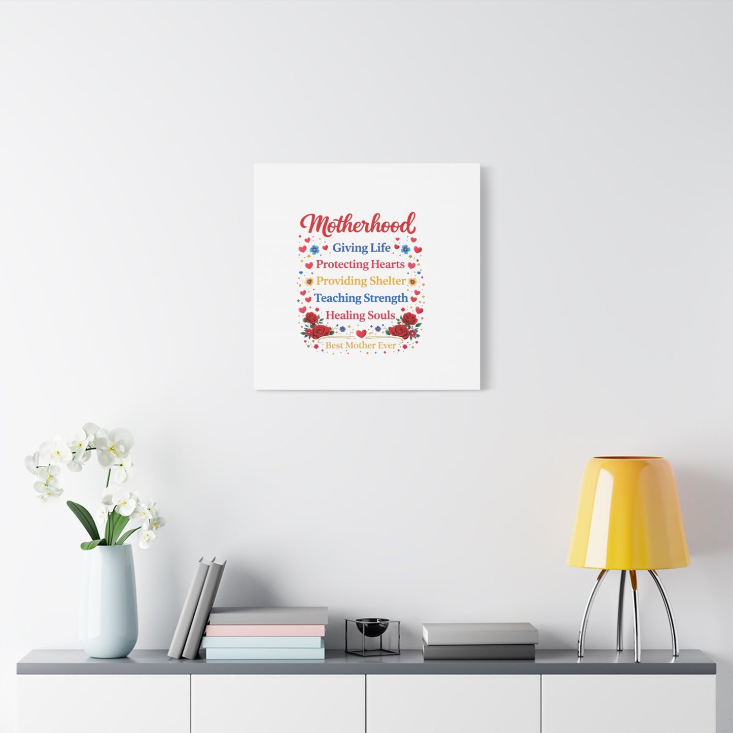 Motherhood Canvas Wall Art – "Motherhood: Giving Life, Protecting Hearts" Stretched Matte Print