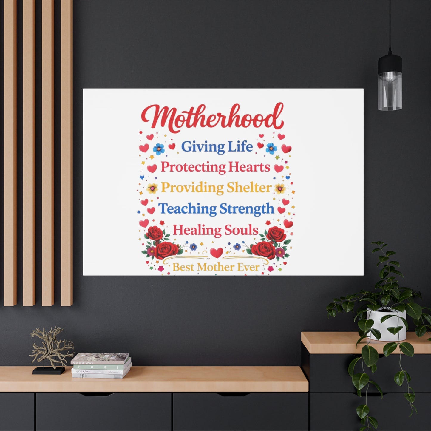 Motherhood Canvas Wall Art – "Motherhood: Giving Life, Protecting Hearts" Stretched Matte Print