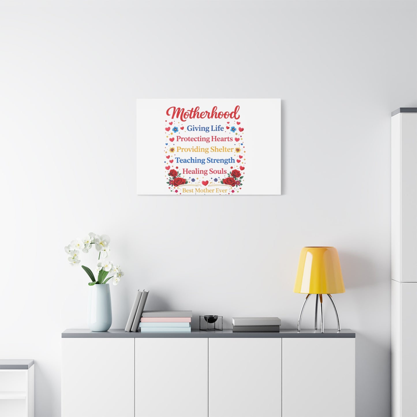 Motherhood Canvas Wall Art – "Motherhood: Giving Life, Protecting Hearts" Stretched Matte Print