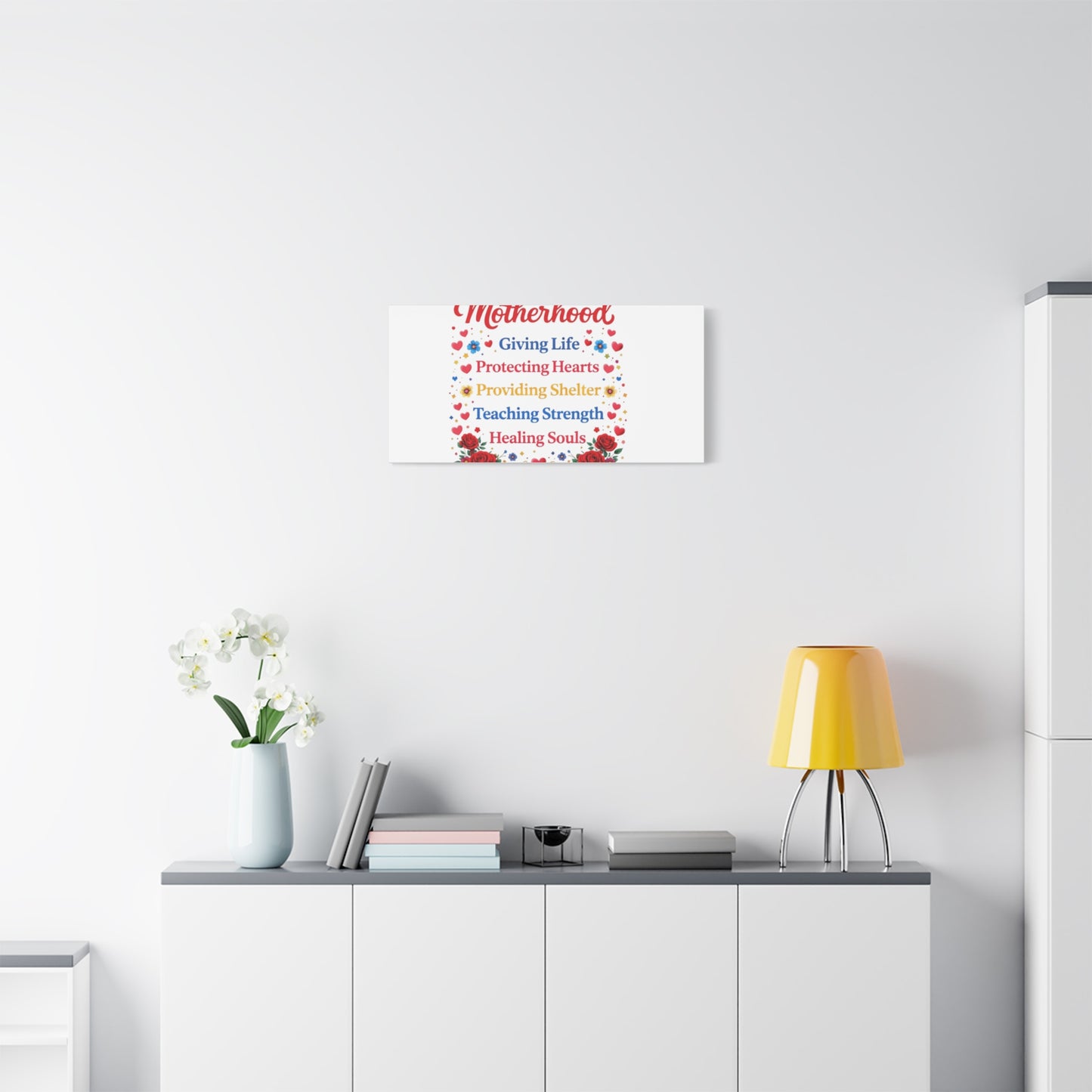 Motherhood Canvas Wall Art – "Motherhood: Giving Life, Protecting Hearts" Stretched Matte Print