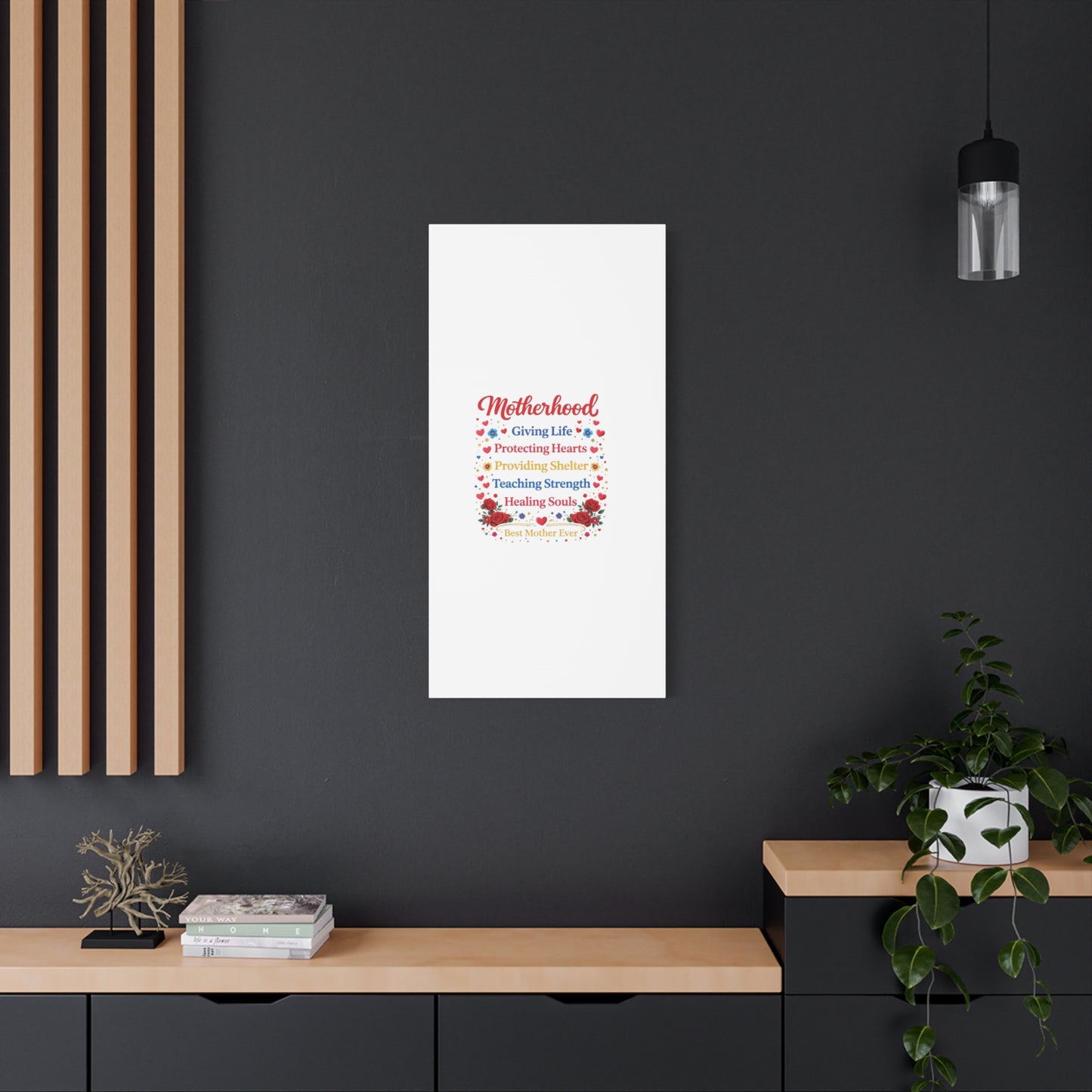 Motherhood Canvas Wall Art – "Motherhood: Giving Life, Protecting Hearts" Stretched Matte Print