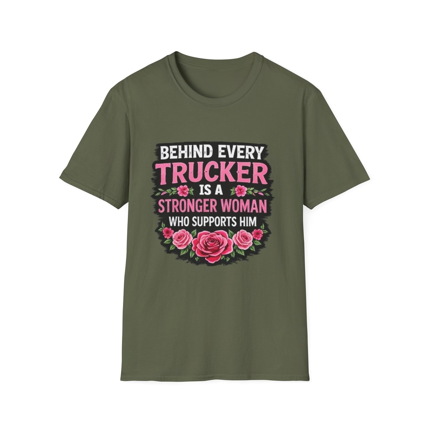 Trucker Wife T‑Shirt - "Behind Every Trucker Is A Stronger Woman" Floral Tee