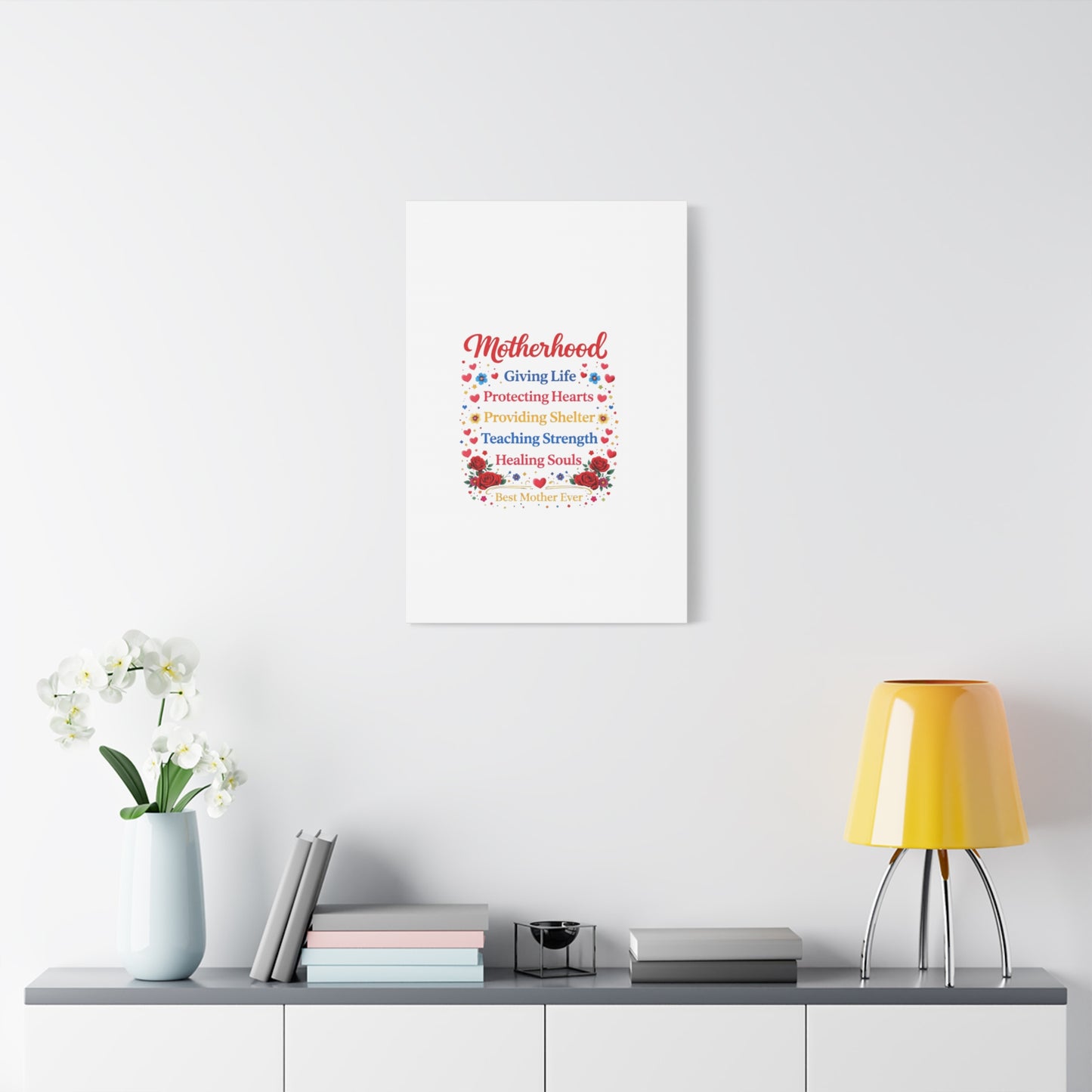 Motherhood Canvas Wall Art – "Motherhood: Giving Life, Protecting Hearts" Stretched Matte Print