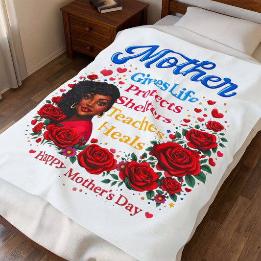 Mother Velveteen Plush Blanket — "Mother Gives Life" Floral Mother's Day Throw