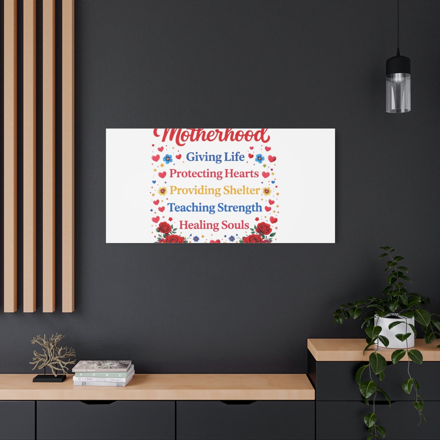 Motherhood Canvas Wall Art – "Motherhood: Giving Life, Protecting Hearts" Stretched Matte Print
