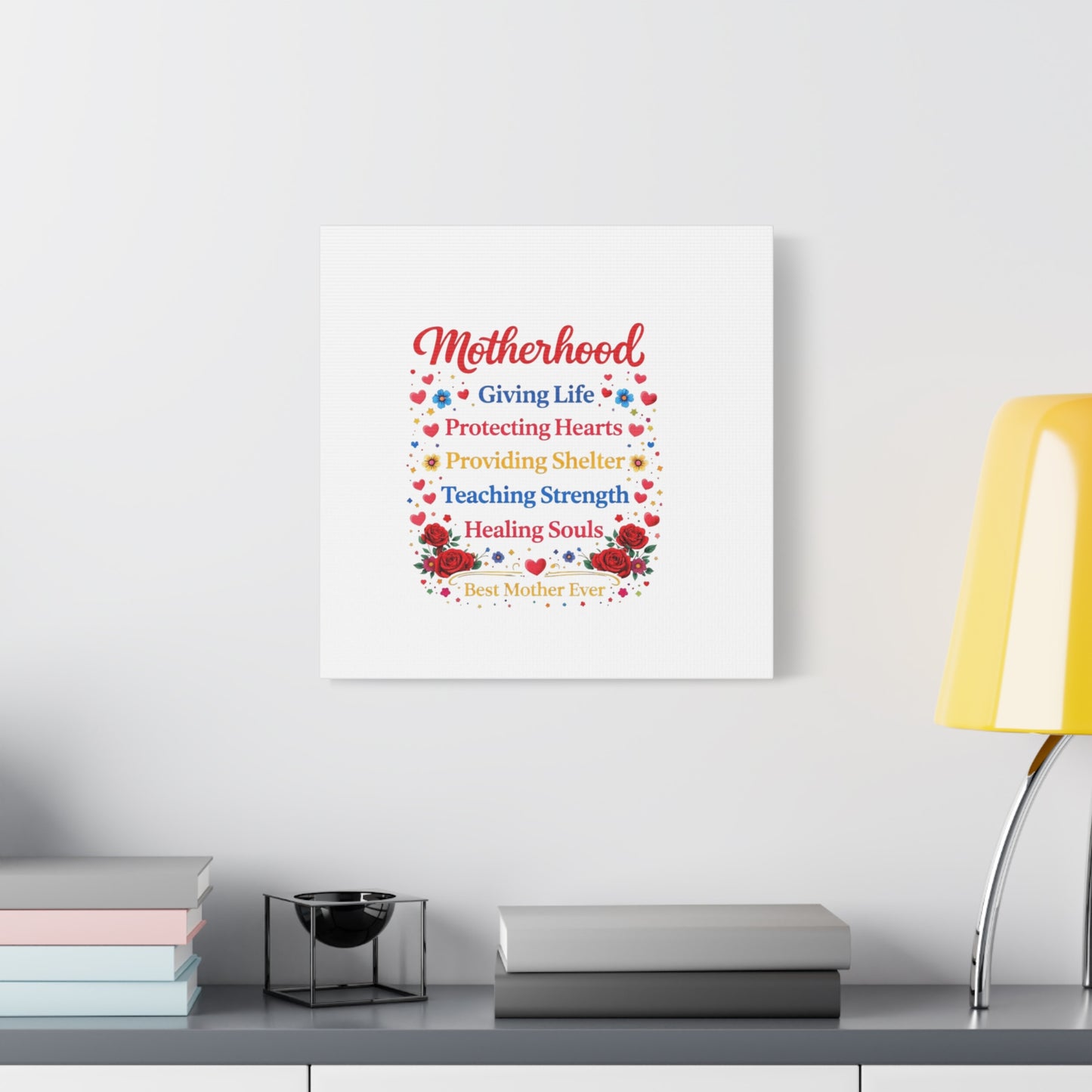 Motherhood Canvas Wall Art – "Motherhood: Giving Life, Protecting Hearts" Stretched Matte Print