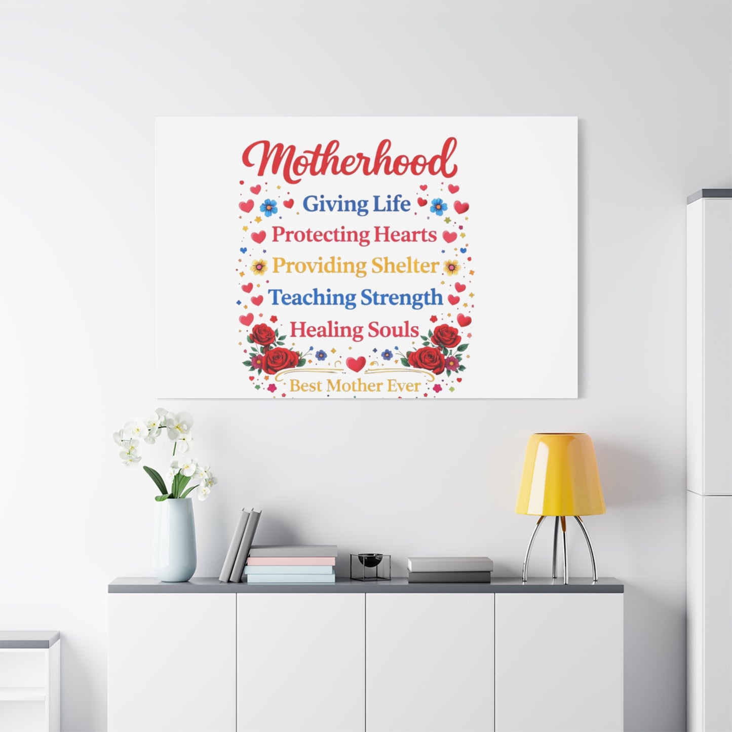 Motherhood Canvas Wall Art – "Motherhood: Giving Life, Protecting Hearts" Stretched Matte Print