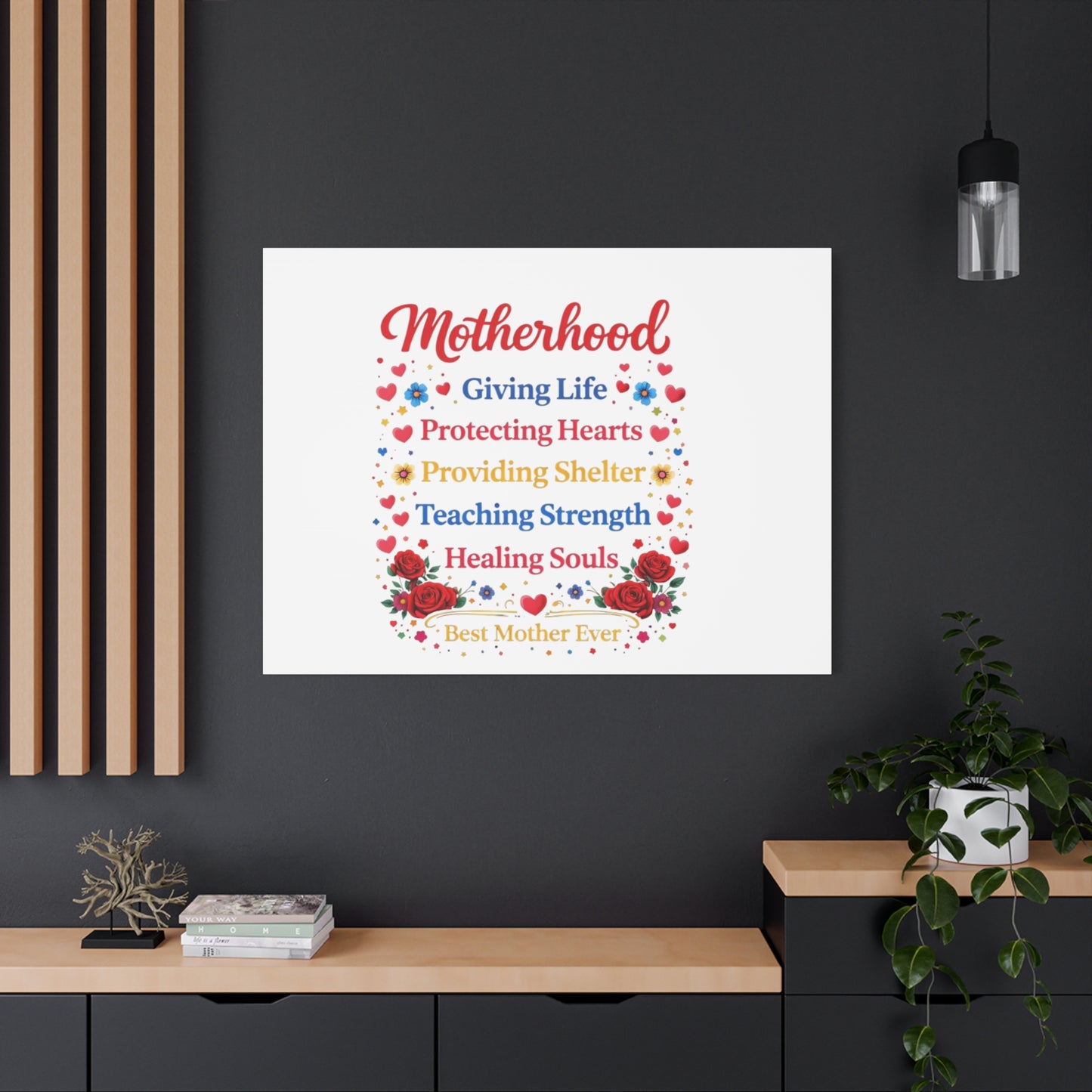 Motherhood Canvas Wall Art – "Motherhood: Giving Life, Protecting Hearts" Stretched Matte Print