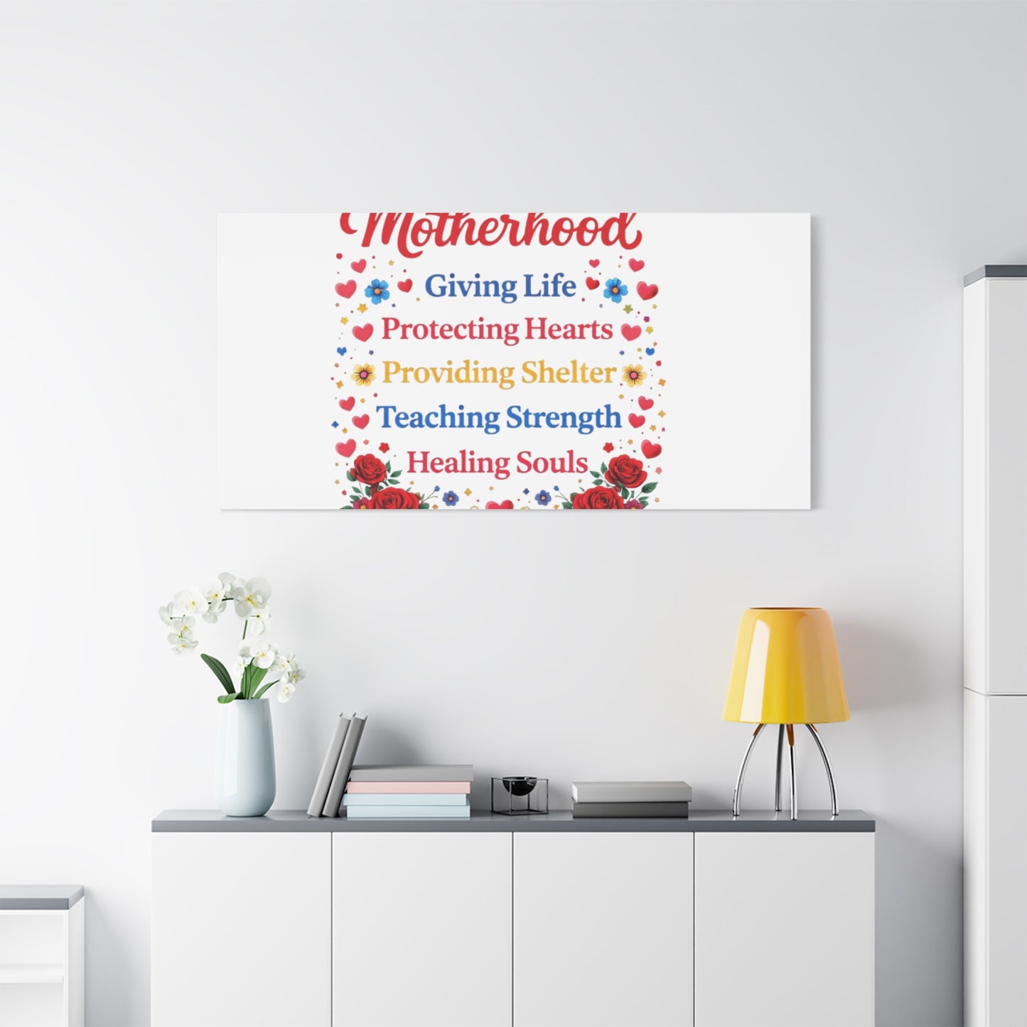 Motherhood Canvas Wall Art – "Motherhood: Giving Life, Protecting Hearts" Stretched Matte Print