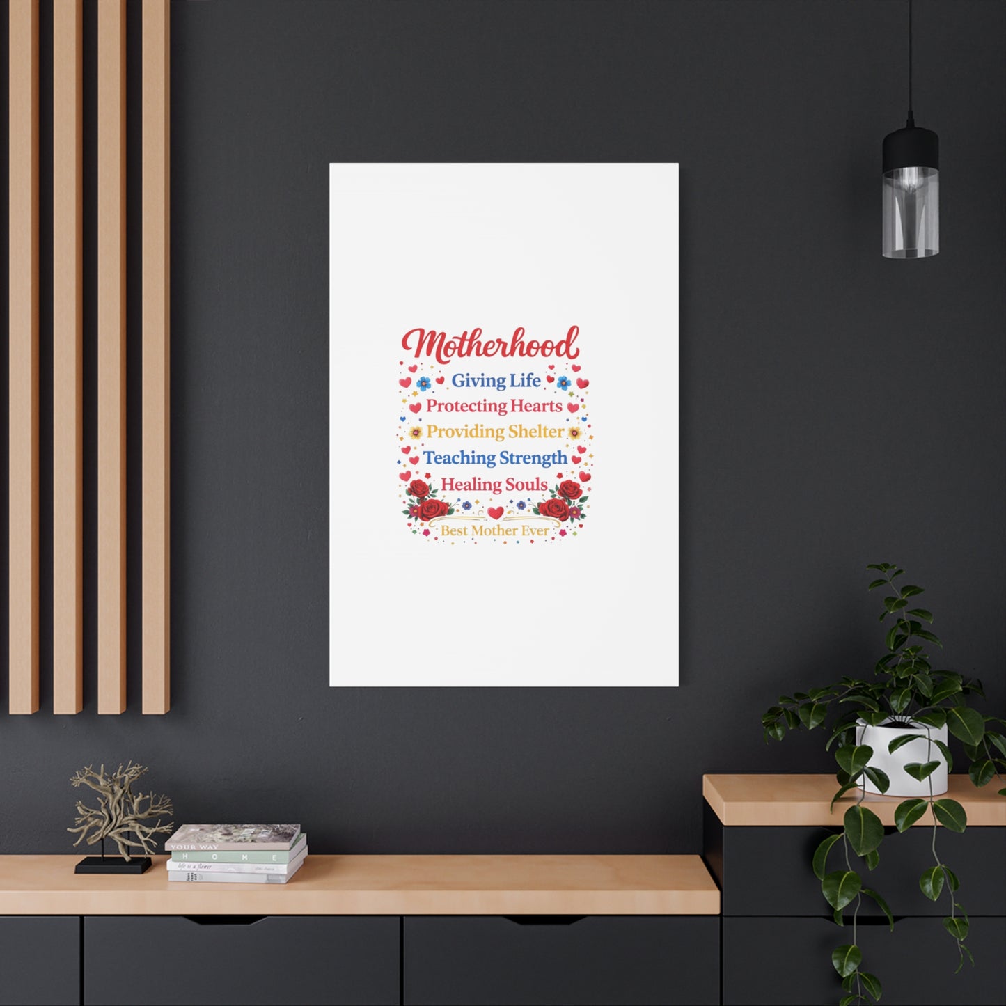 Motherhood Canvas Wall Art – "Motherhood: Giving Life, Protecting Hearts" Stretched Matte Print