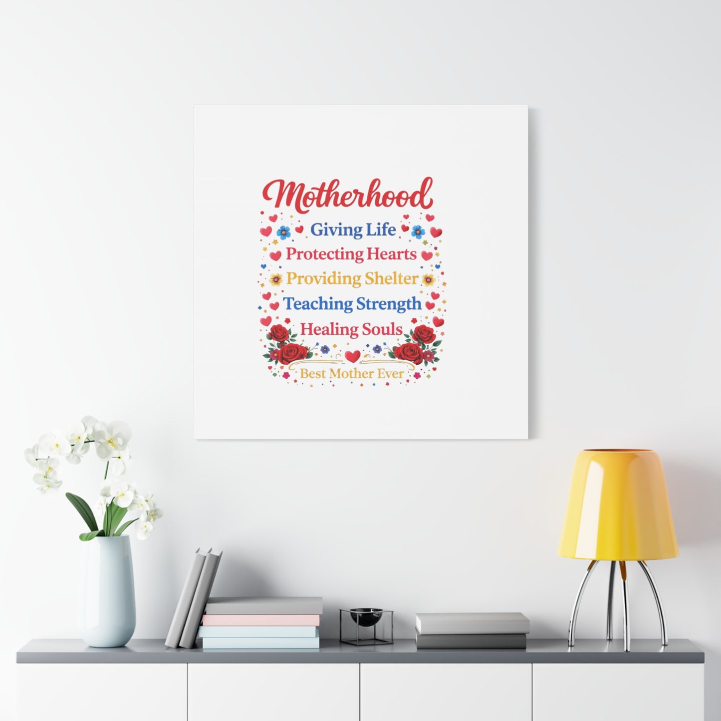 Motherhood Canvas Wall Art – "Motherhood: Giving Life, Protecting Hearts" Stretched Matte Print