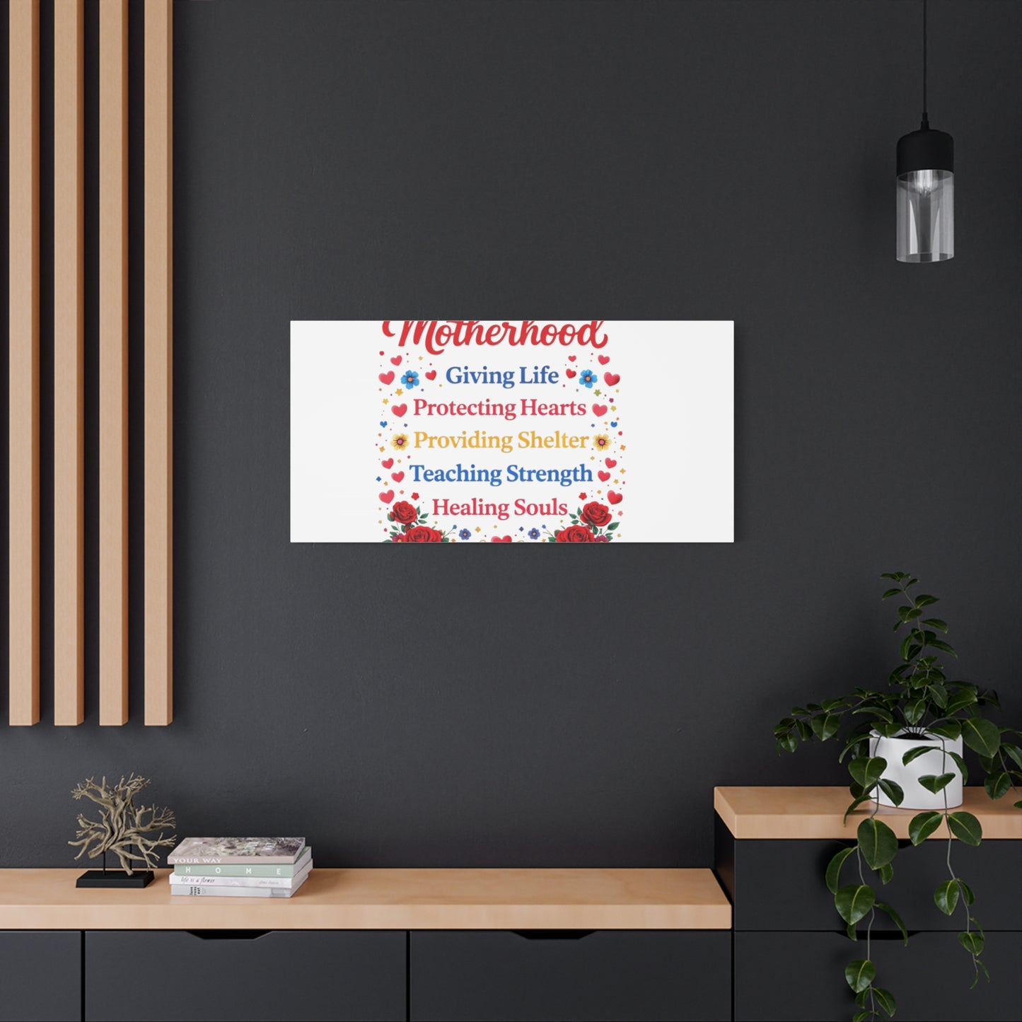 Motherhood Canvas Wall Art – "Motherhood: Giving Life, Protecting Hearts" Stretched Matte Print