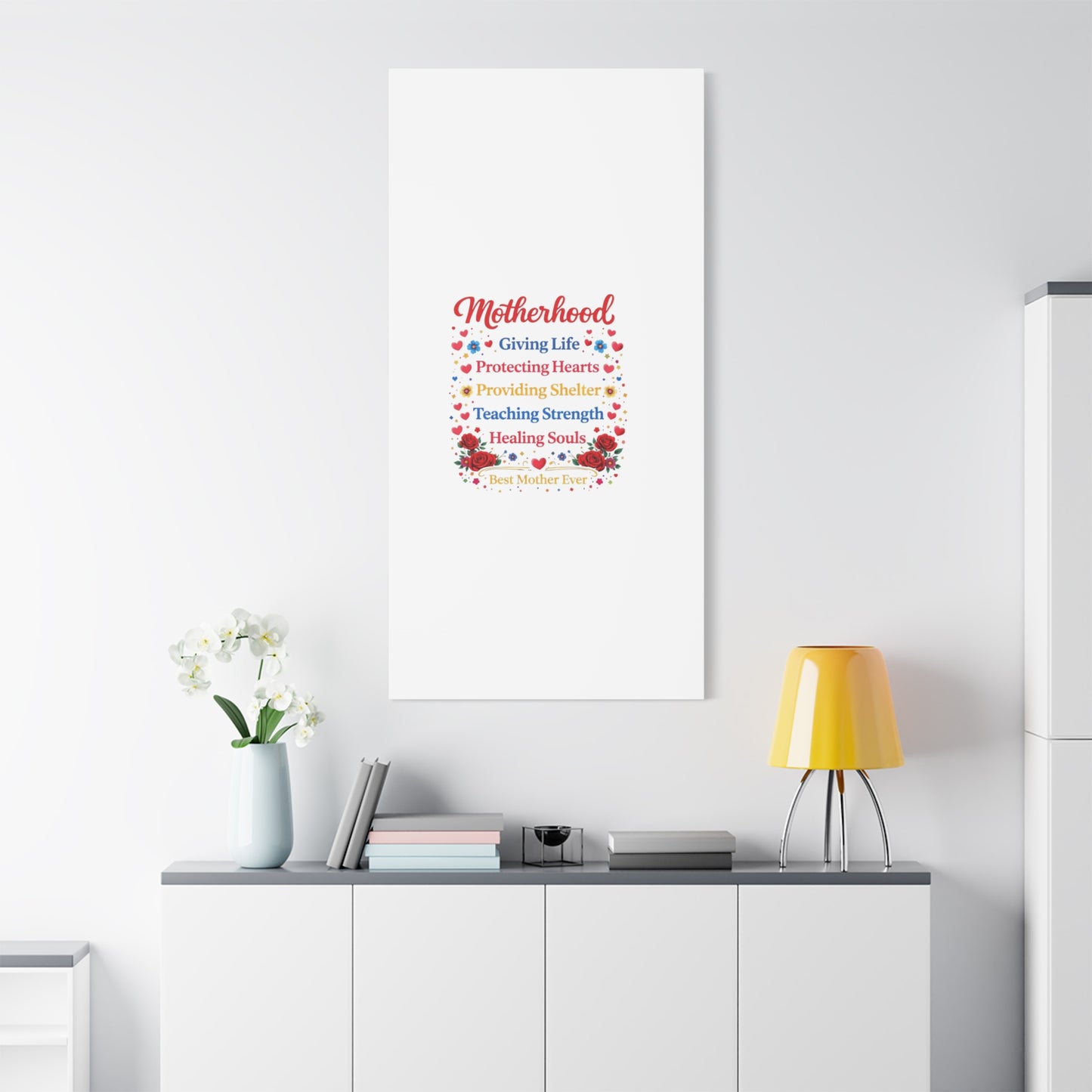 Motherhood Canvas Wall Art – "Motherhood: Giving Life, Protecting Hearts" Stretched Matte Print