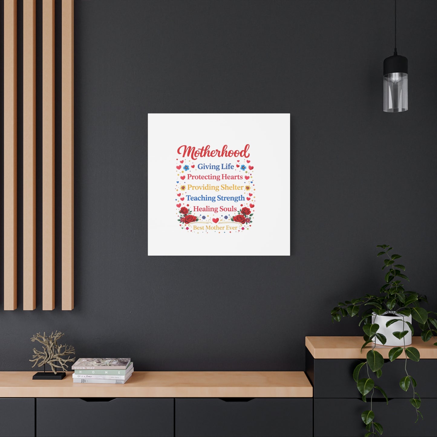 Motherhood Canvas Wall Art – "Motherhood: Giving Life, Protecting Hearts" Stretched Matte Print