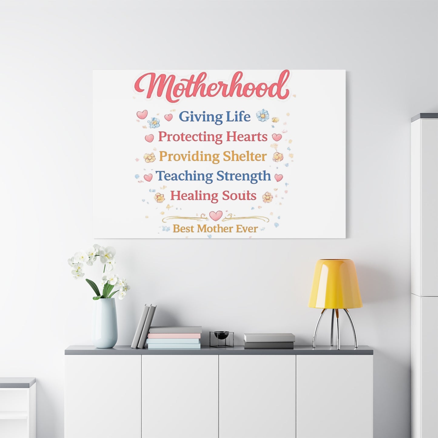 Motherhood Canvas Wall Art — "Motherhood: Giving Life, Protecting Hearts" Stretched Matte Print