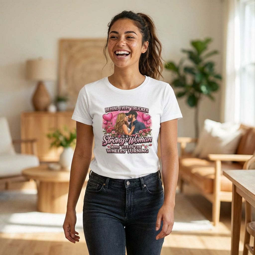 Women's Tee — "Behind Every Trucker Is a Strong Woman" Romantic Trucker Wife Shirt