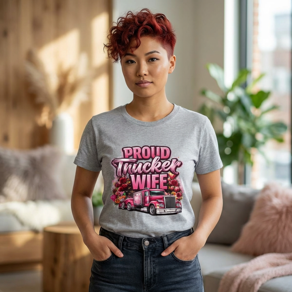 Proud Trucker Wife Tee — Pink Semi Truck Graphic Women's Shirt