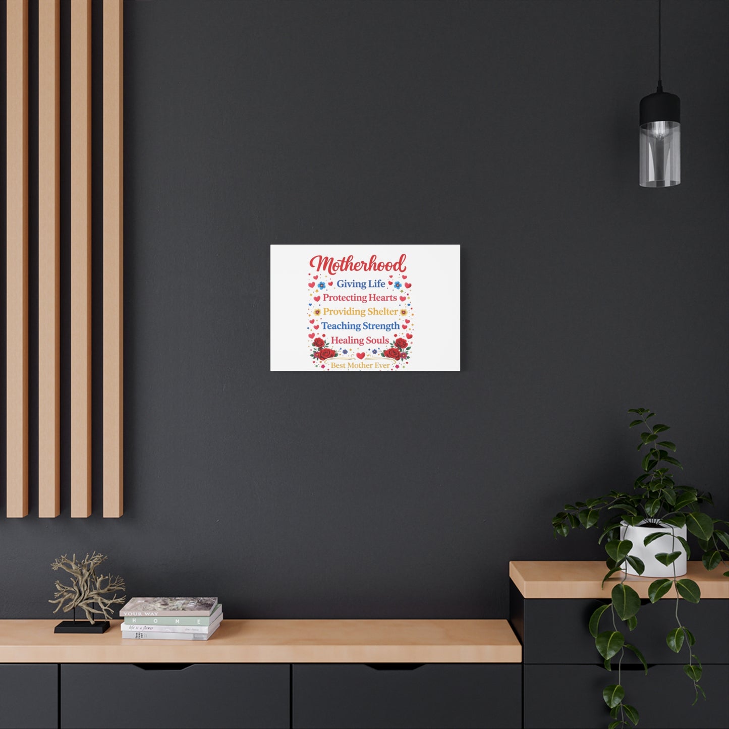 Motherhood Canvas Wall Art – "Motherhood: Giving Life, Protecting Hearts" Stretched Matte Print