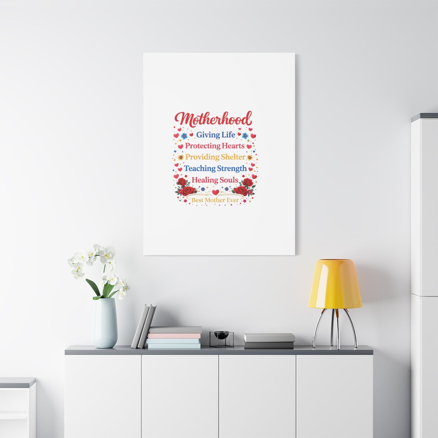 Motherhood Canvas Wall Art – "Motherhood: Giving Life, Protecting Hearts" Stretched Matte Print