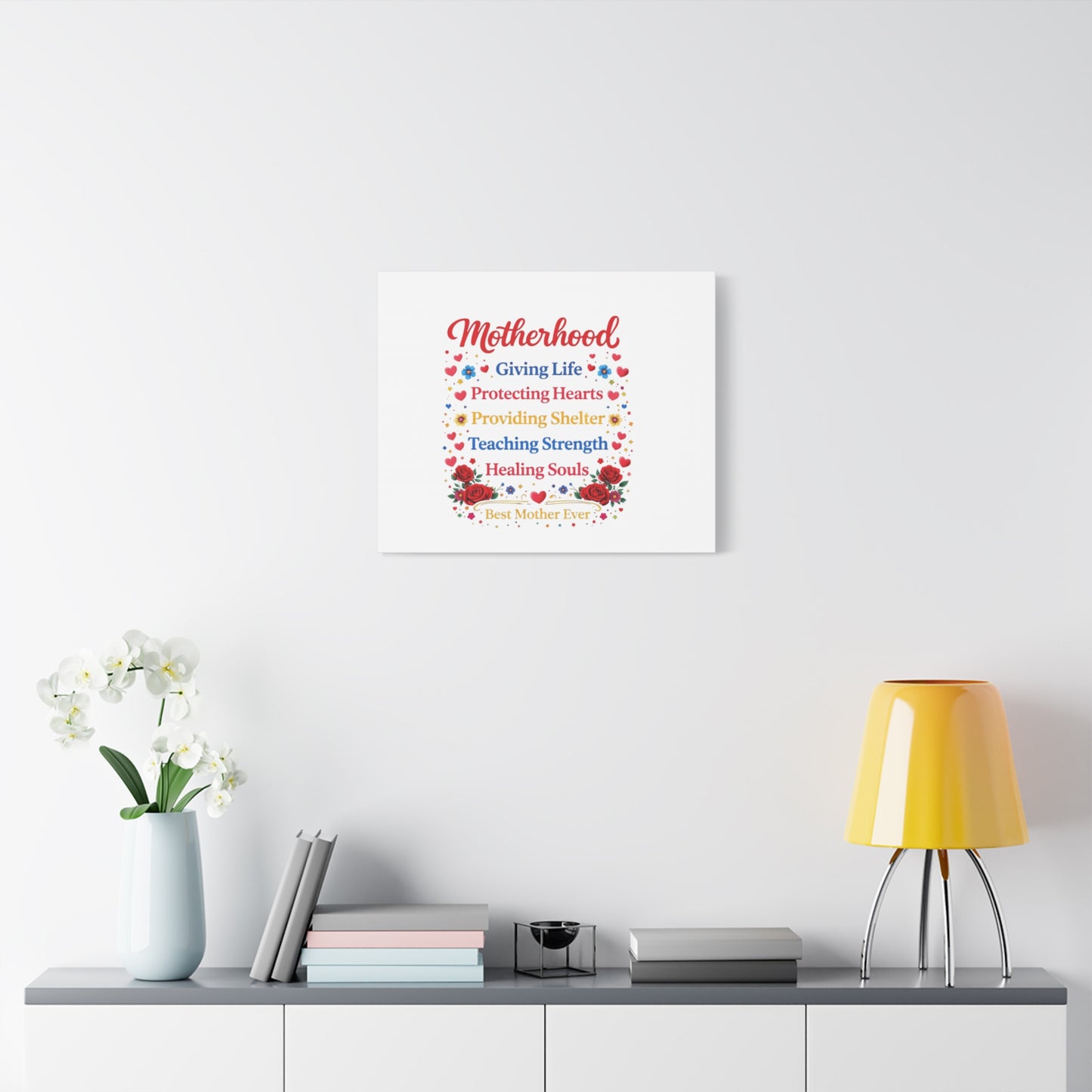Motherhood Canvas Wall Art – "Motherhood: Giving Life, Protecting Hearts" Stretched Matte Print