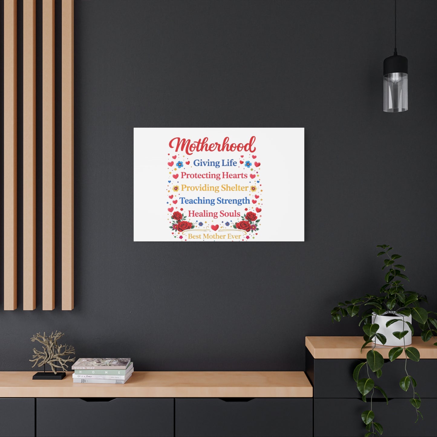 Motherhood Canvas Wall Art – "Motherhood: Giving Life, Protecting Hearts" Stretched Matte Print