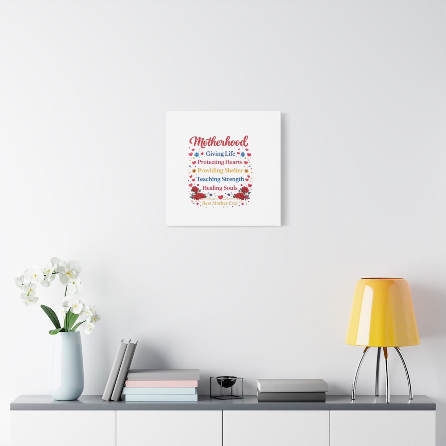 Motherhood Canvas Wall Art – "Motherhood: Giving Life, Protecting Hearts" Stretched Matte Print