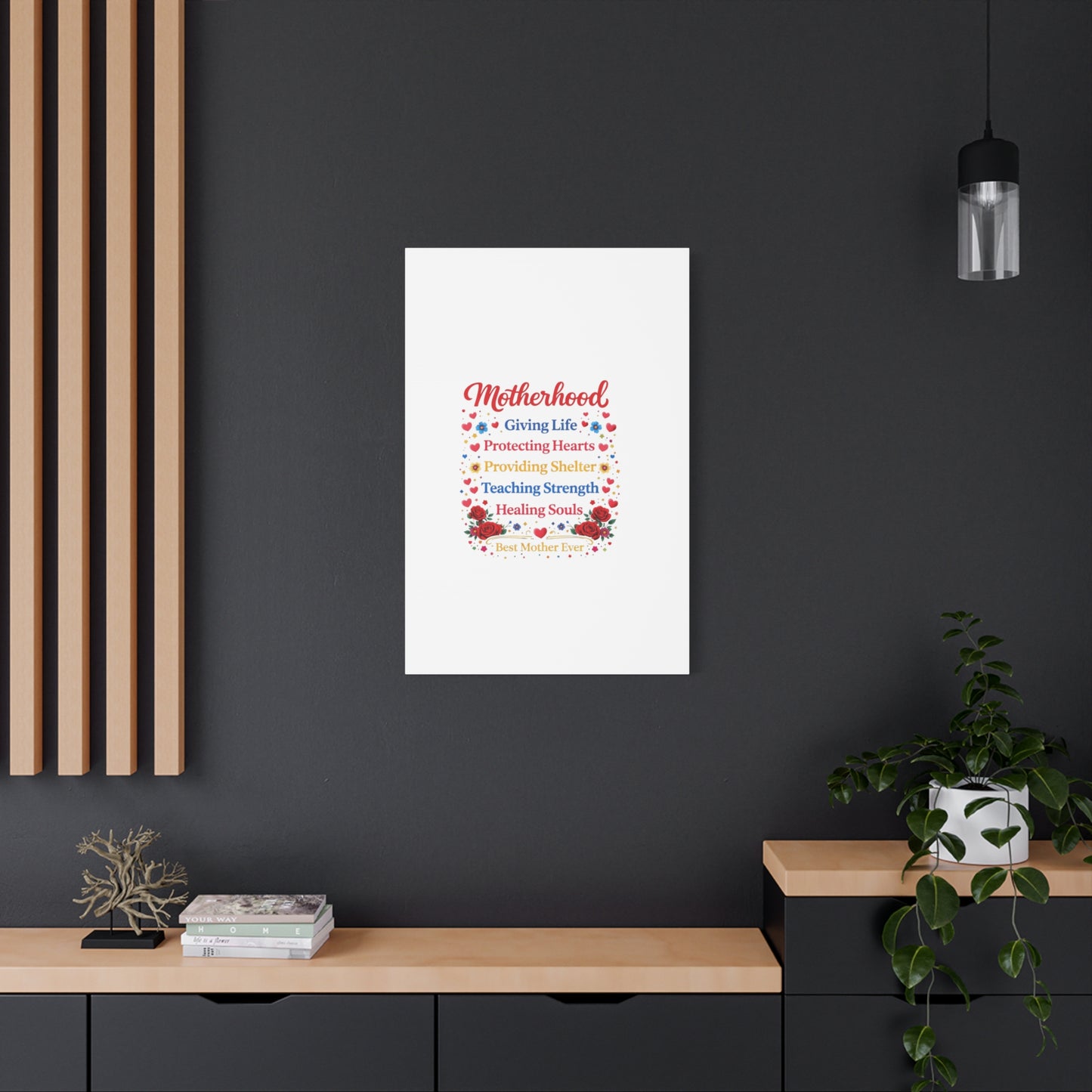 Motherhood Canvas Wall Art – "Motherhood: Giving Life, Protecting Hearts" Stretched Matte Print