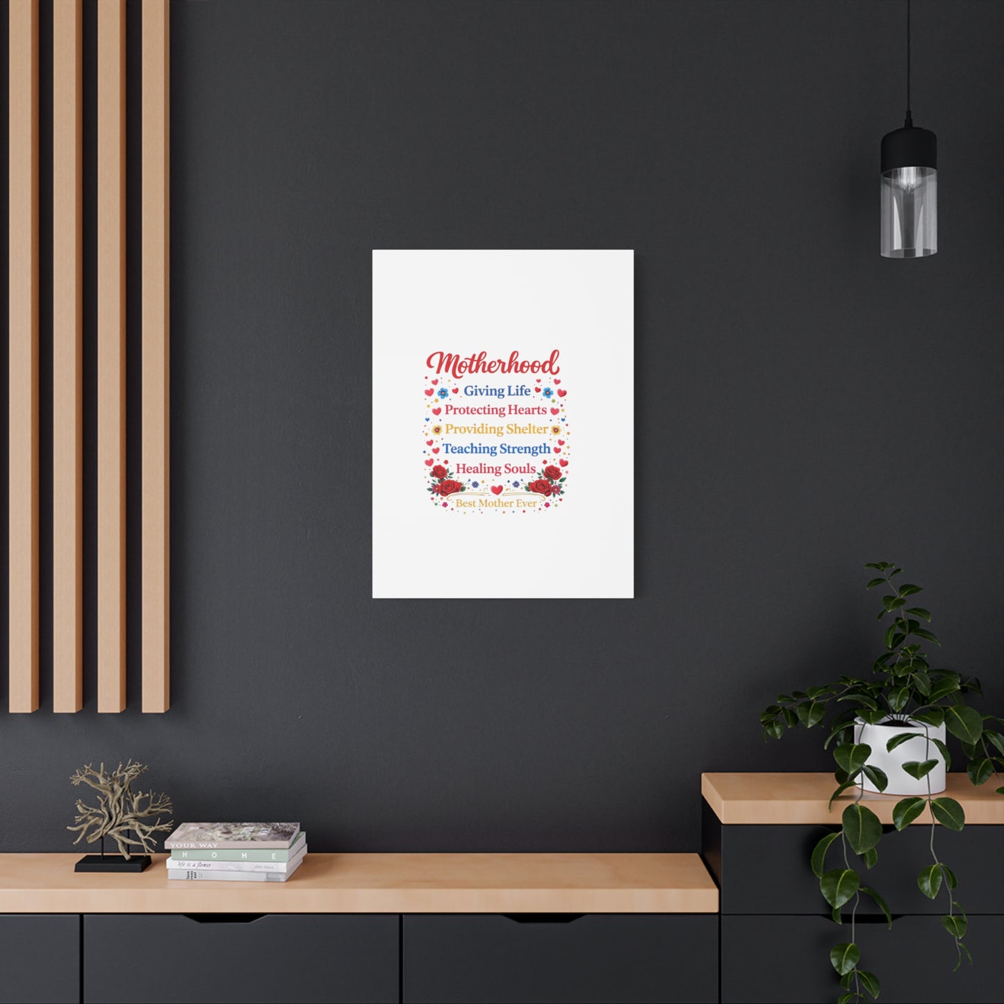 Motherhood Canvas Wall Art – "Motherhood: Giving Life, Protecting Hearts" Stretched Matte Print