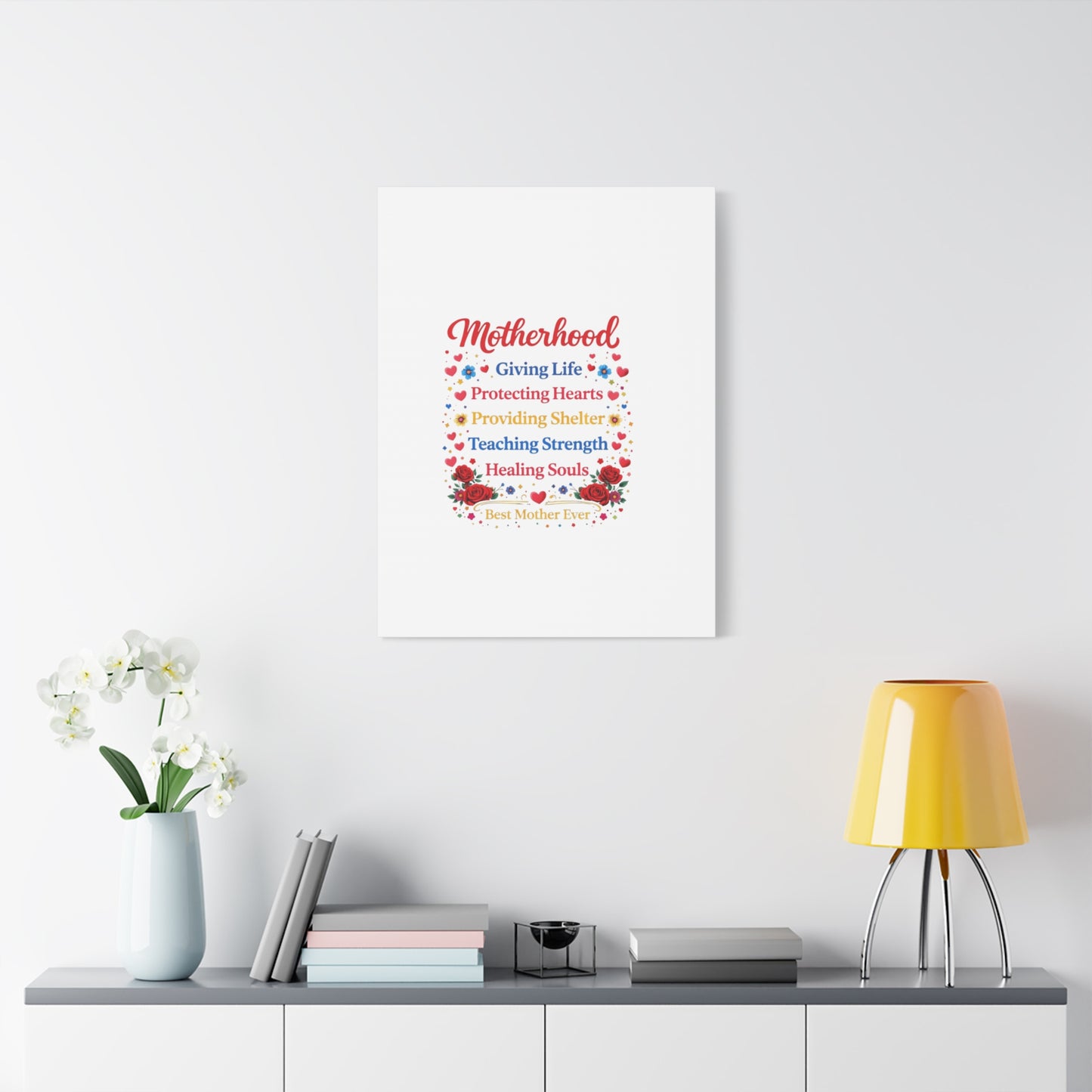 Motherhood Canvas Wall Art – "Motherhood: Giving Life, Protecting Hearts" Stretched Matte Print