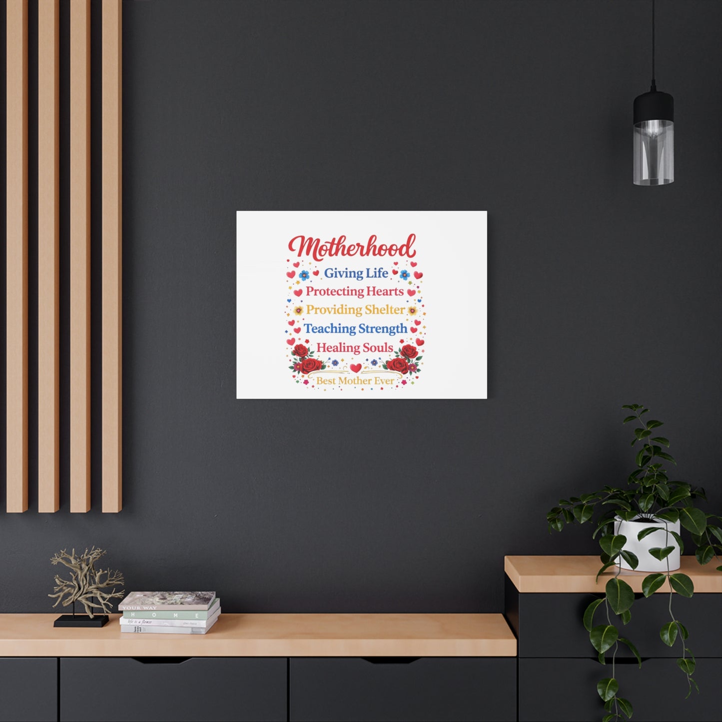 Motherhood Canvas Wall Art – "Motherhood: Giving Life, Protecting Hearts" Stretched Matte Print