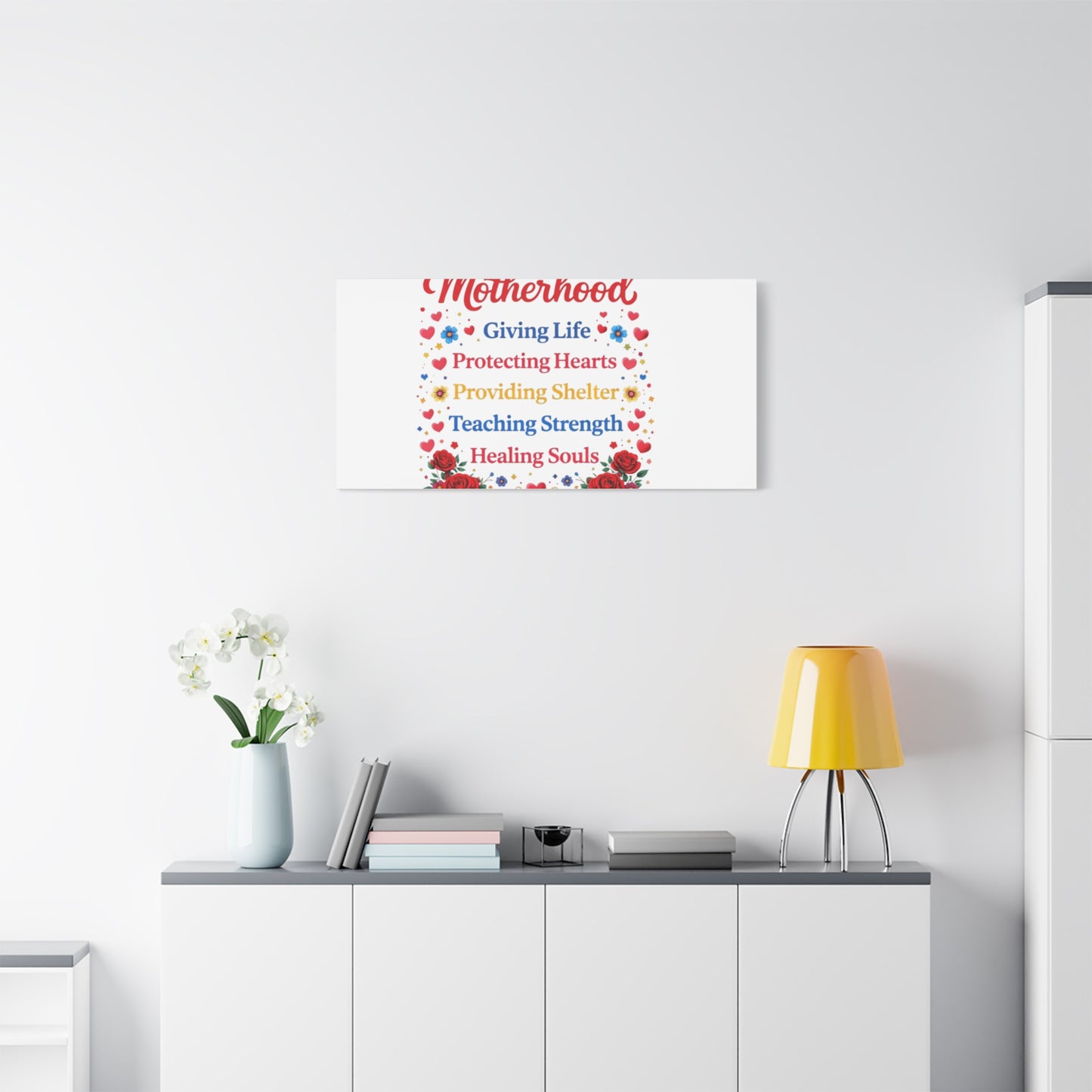 Motherhood Canvas Wall Art – "Motherhood: Giving Life, Protecting Hearts" Stretched Matte Print