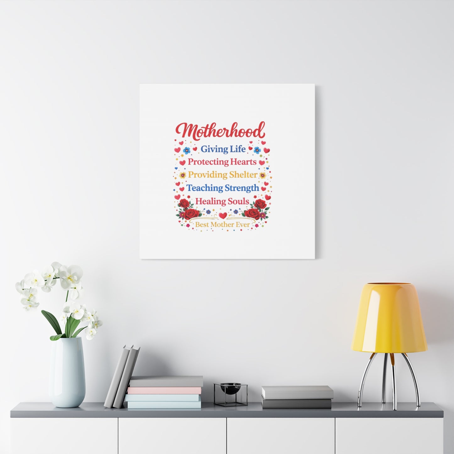 Motherhood Canvas Wall Art – "Motherhood: Giving Life, Protecting Hearts" Stretched Matte Print