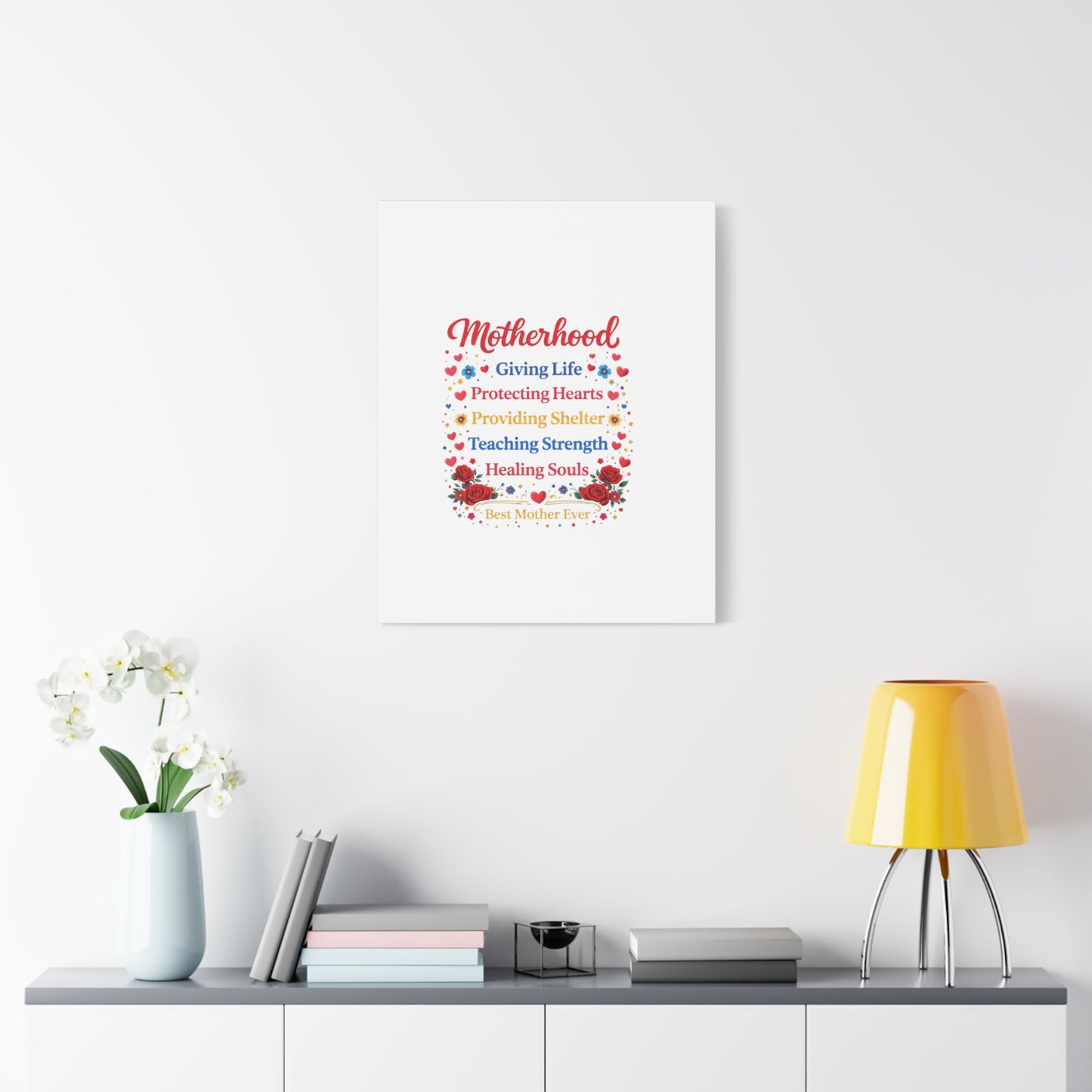 Motherhood Canvas Wall Art – "Motherhood: Giving Life, Protecting Hearts" Stretched Matte Print