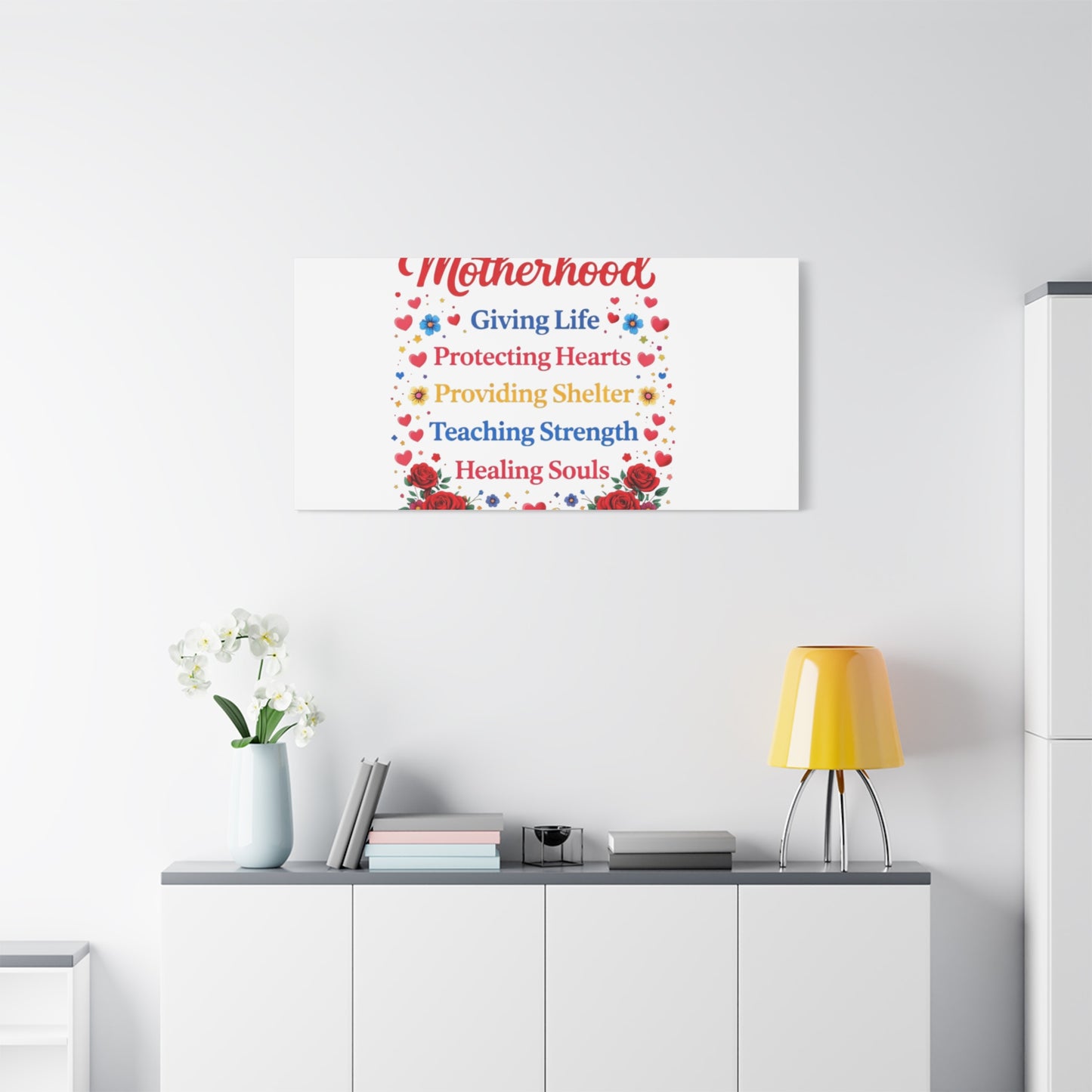 Motherhood Canvas Wall Art – "Motherhood: Giving Life, Protecting Hearts" Stretched Matte Print