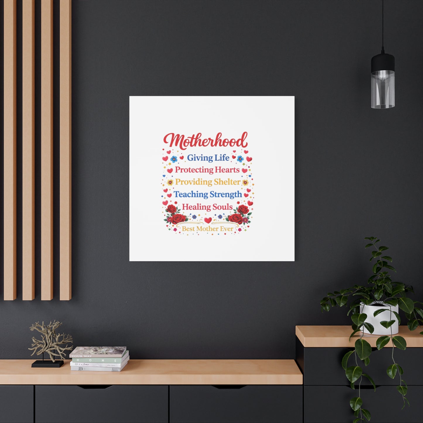 Motherhood Canvas Wall Art – "Motherhood: Giving Life, Protecting Hearts" Stretched Matte Print