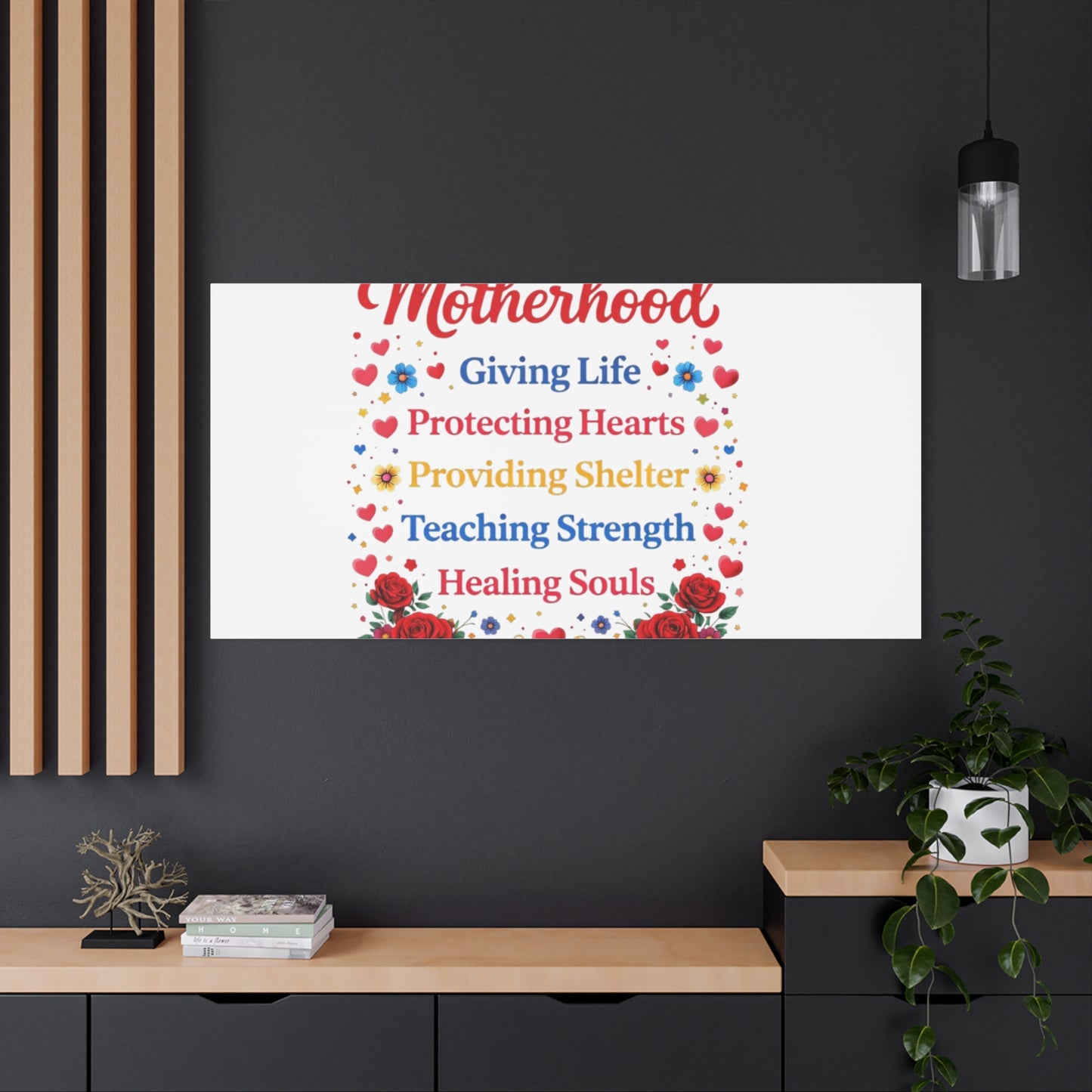 Motherhood Canvas Wall Art – "Motherhood: Giving Life, Protecting Hearts" Stretched Matte Print