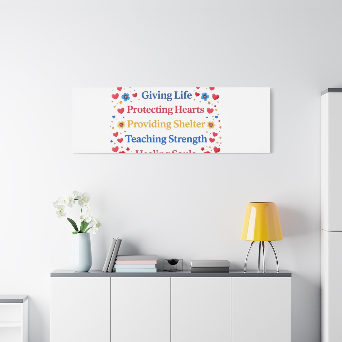 Motherhood Canvas Wall Art – "Motherhood: Giving Life, Protecting Hearts" Stretched Matte Print