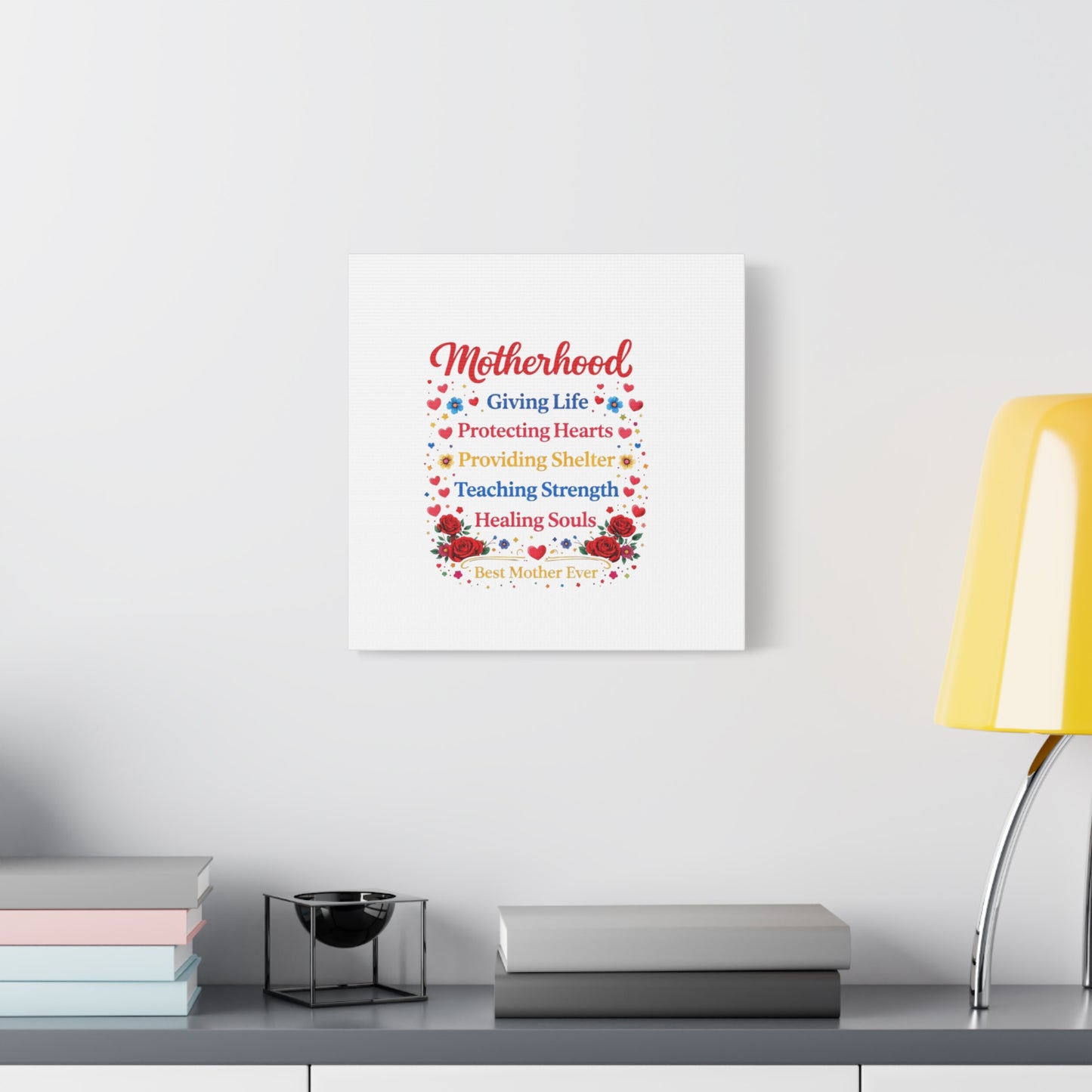 Motherhood Canvas Wall Art – "Motherhood: Giving Life, Protecting Hearts" Stretched Matte Print