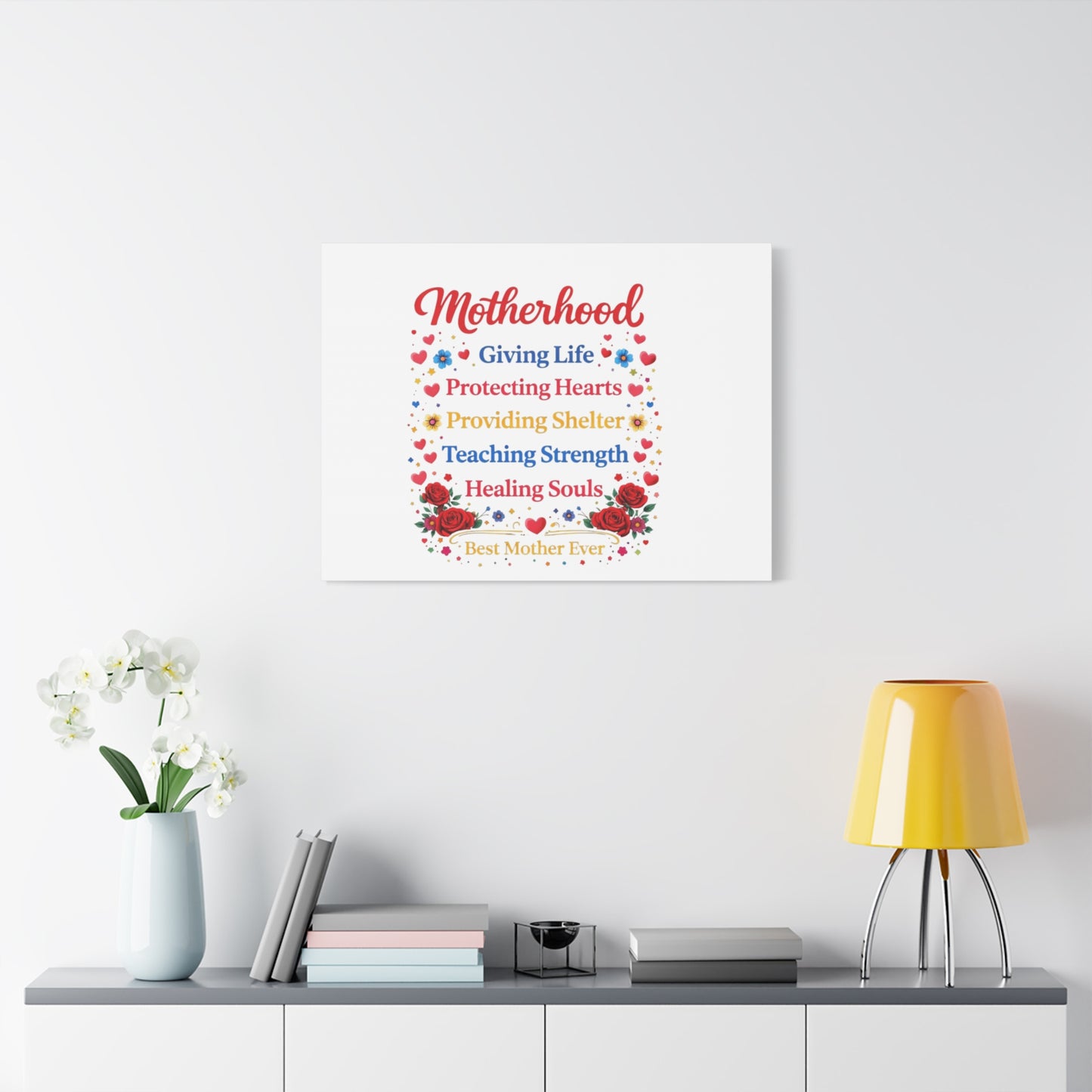 Motherhood Canvas Wall Art – "Motherhood: Giving Life, Protecting Hearts" Stretched Matte Print
