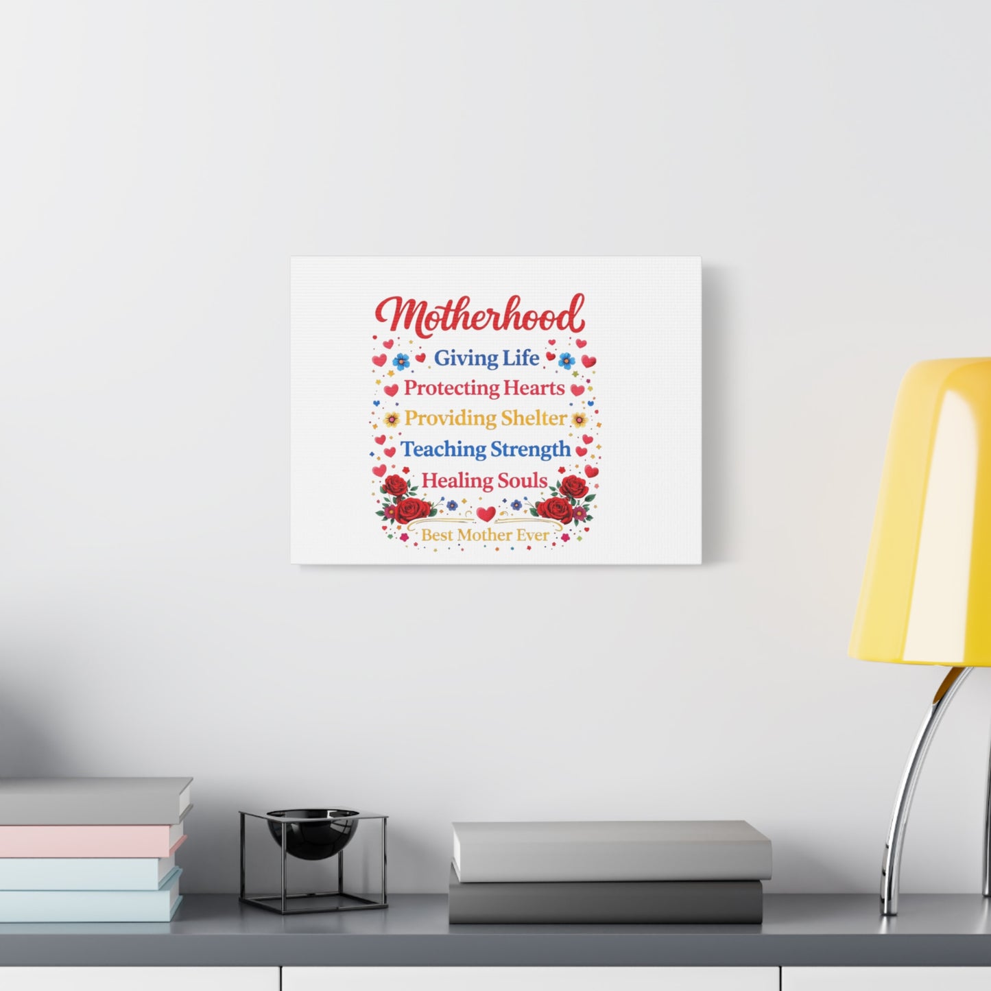 Motherhood Canvas Wall Art – "Motherhood: Giving Life, Protecting Hearts" Stretched Matte Print