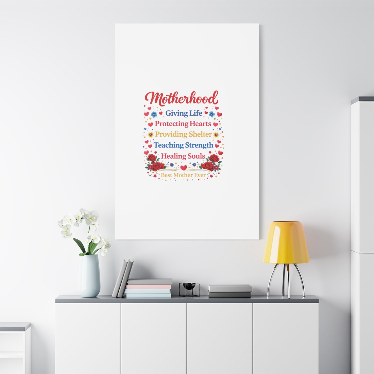 Motherhood Canvas Wall Art – "Motherhood: Giving Life, Protecting Hearts" Stretched Matte Print