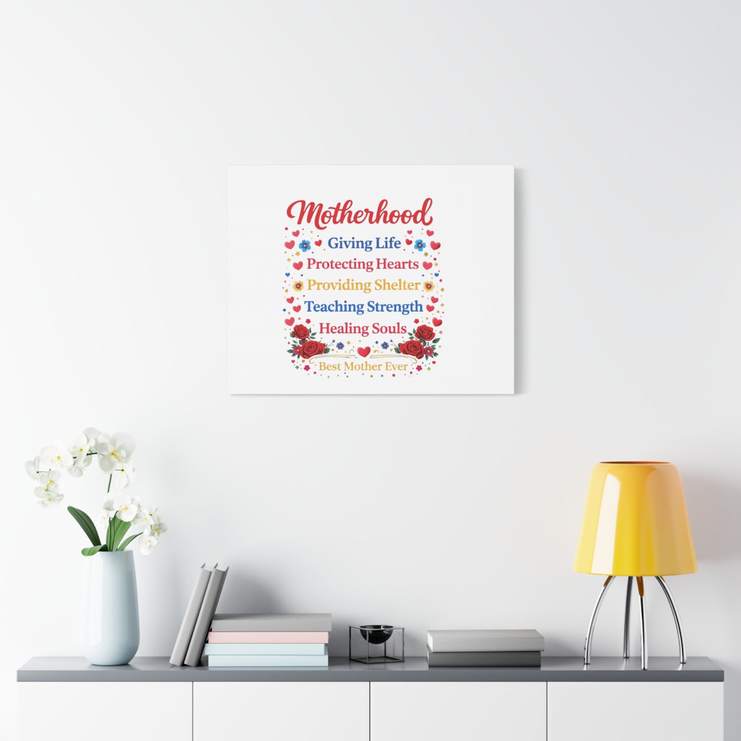 Motherhood Canvas Wall Art – "Motherhood: Giving Life, Protecting Hearts" Stretched Matte Print