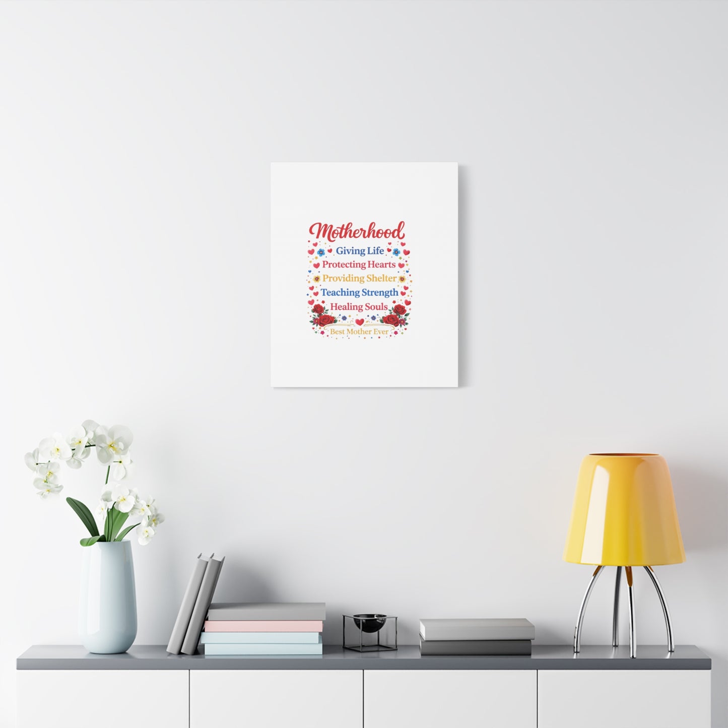Motherhood Canvas Wall Art – "Motherhood: Giving Life, Protecting Hearts" Stretched Matte Print