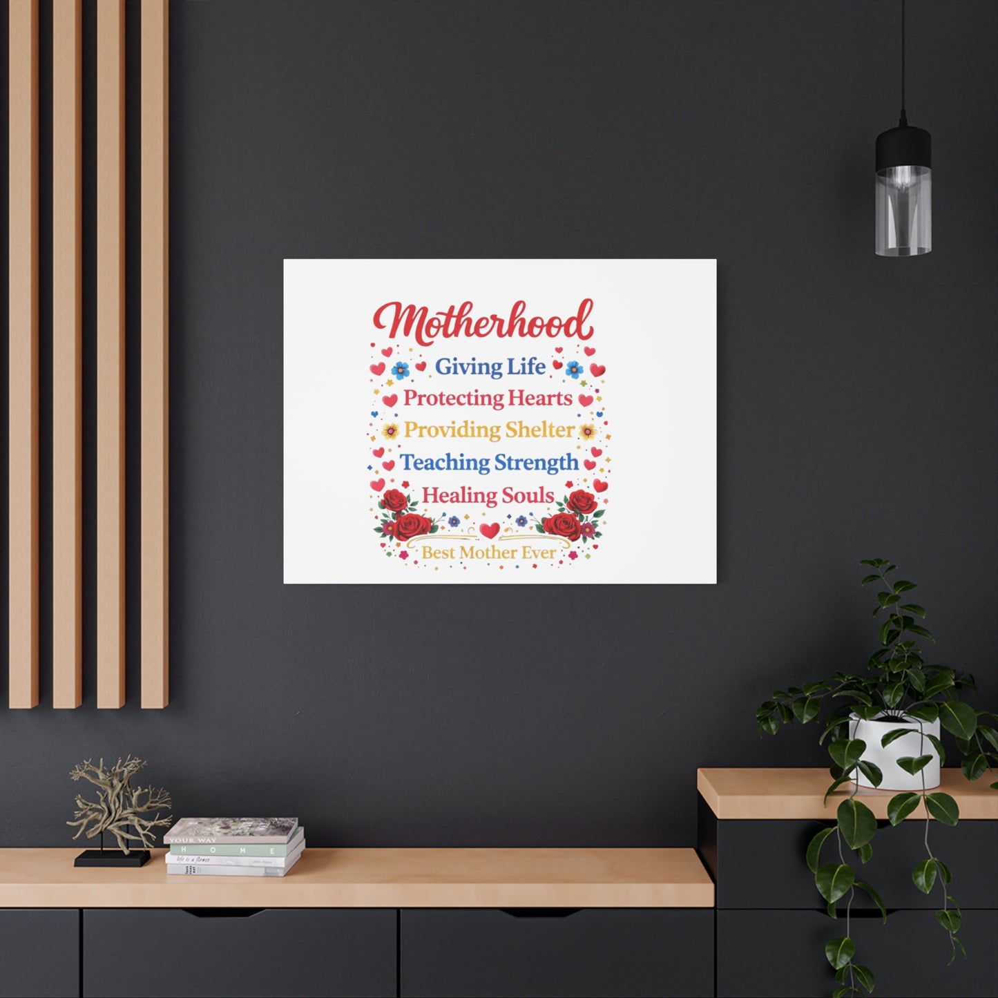 Motherhood Canvas Wall Art – "Motherhood: Giving Life, Protecting Hearts" Stretched Matte Print