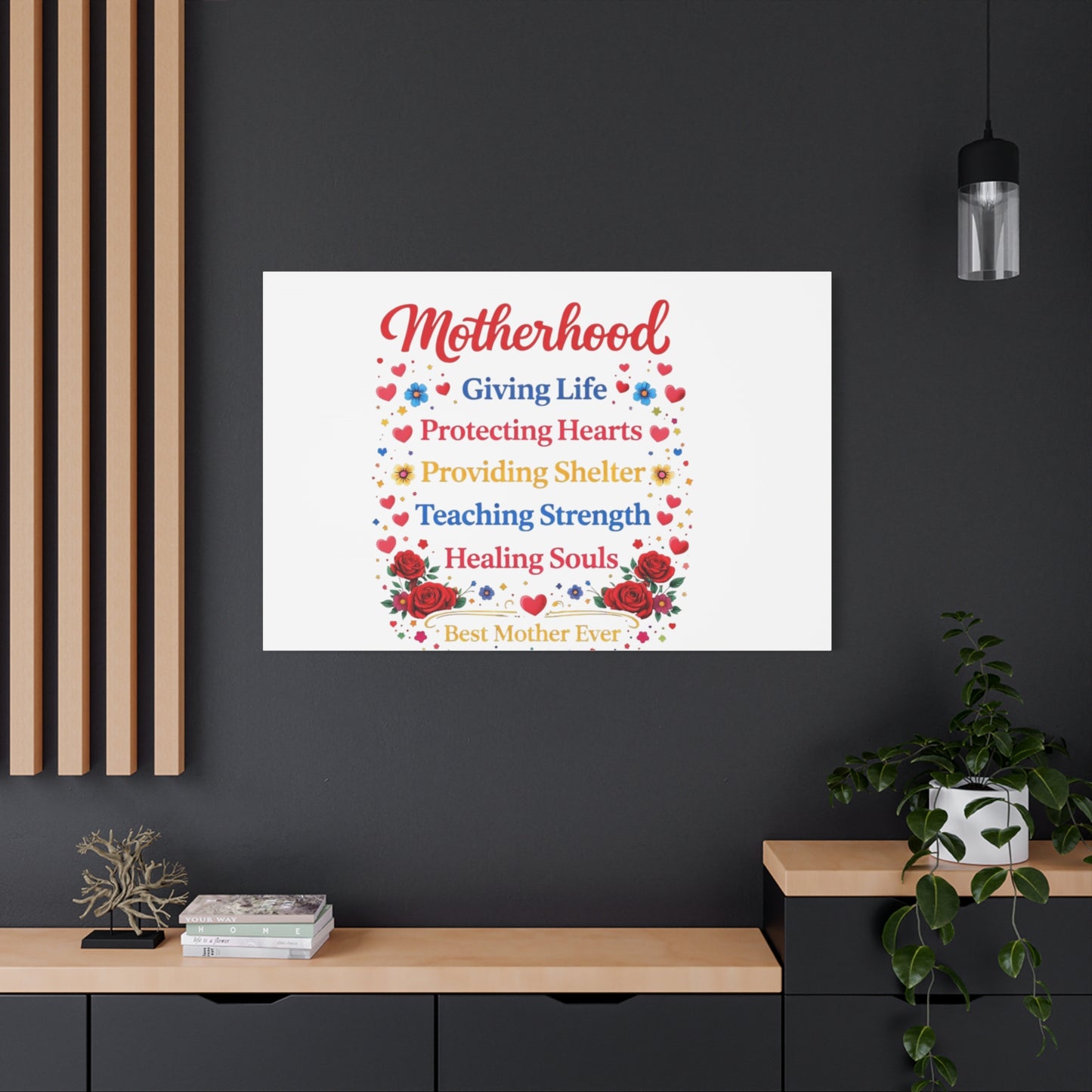 Motherhood Canvas Wall Art – "Motherhood: Giving Life, Protecting Hearts" Stretched Matte Print