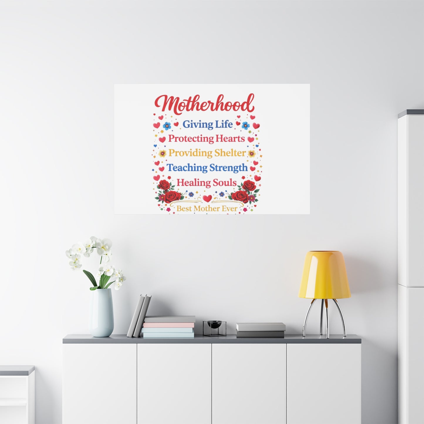 Motherhood Canvas Wall Art – "Motherhood: Giving Life, Protecting Hearts" Stretched Matte Print