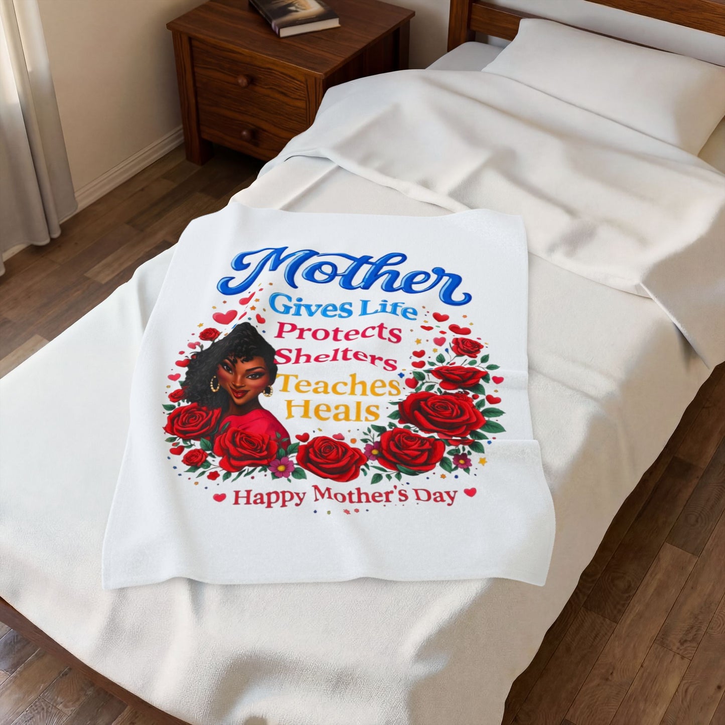 Mother Velveteen Plush Blanket — "Mother Gives Life" Floral Mother's Day Throw