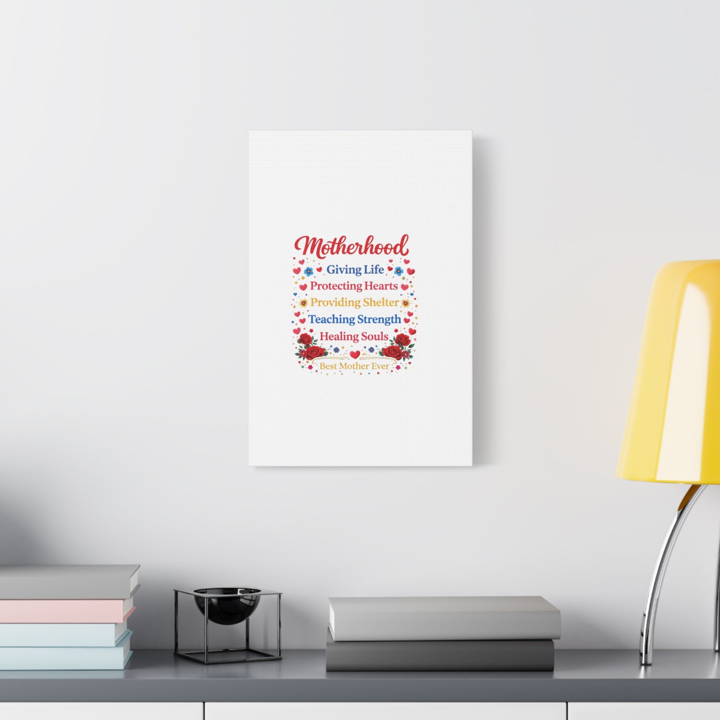 Motherhood Canvas Wall Art – "Motherhood: Giving Life, Protecting Hearts" Stretched Matte Print